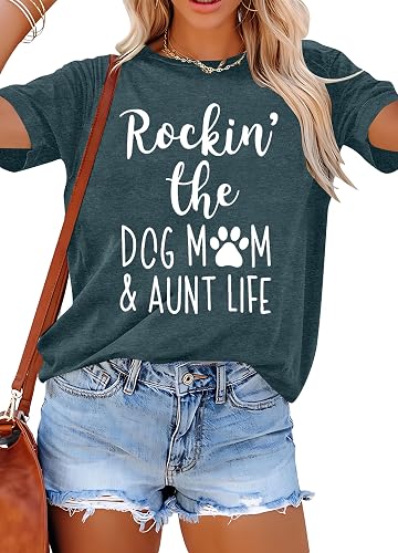 ALLTB Dog Mom Shirt Women Funny Dog Paw Graphic Shirt Rockin' The Dogs Mom Aunt Life Tshirt Dogs Lover Short Sleeve Tops