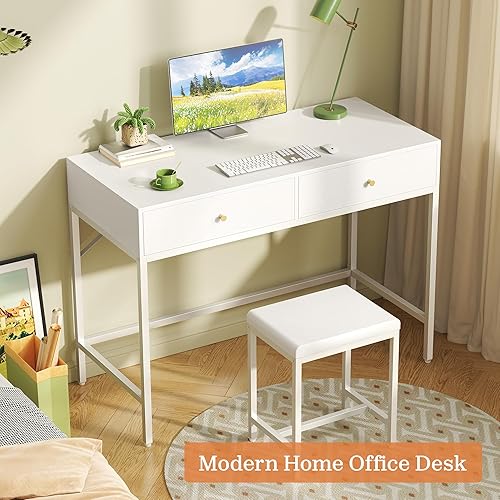 Miniatura 6 de SUPERJARE 35.4" White Desk with 2 Drawers, Modern Makeup Vanity with Padded Stool, Small Computer Desk Home Office Desk for Writing Study Bedroom