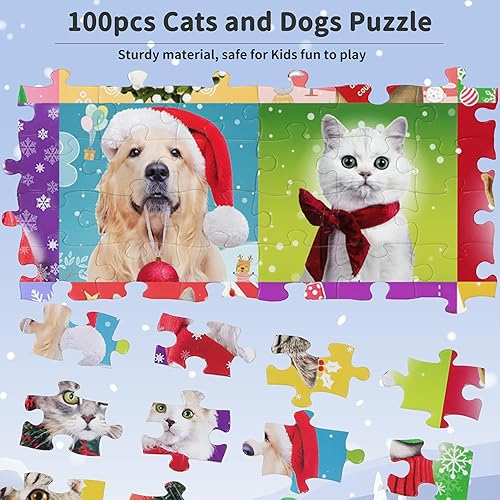 Miniatura 2 de Rompecabezas de 100 piezas para niños de 4 a 8 a 10 años, rompecabezas de Navidad para perros y gatos, rompecabezas de vacaciones para niños y