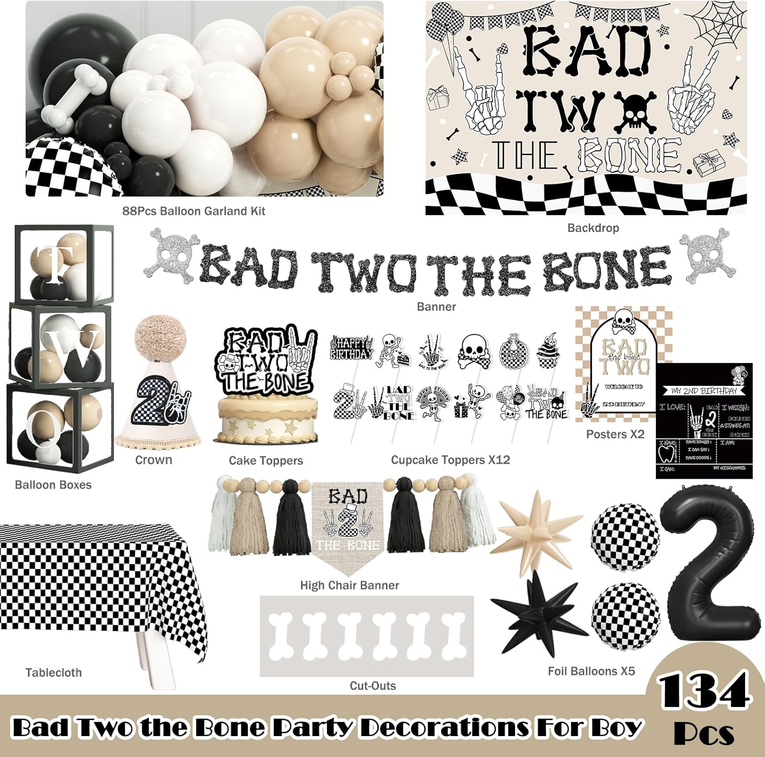 Bad Two the Bone Party Decorations for Boy – 134 PCS Bad 2 the Bone Party Supplies Includes Balloons, Tablecloth, Banner, Cake Topper, Poster, Crown for Boy 2nd Birthday