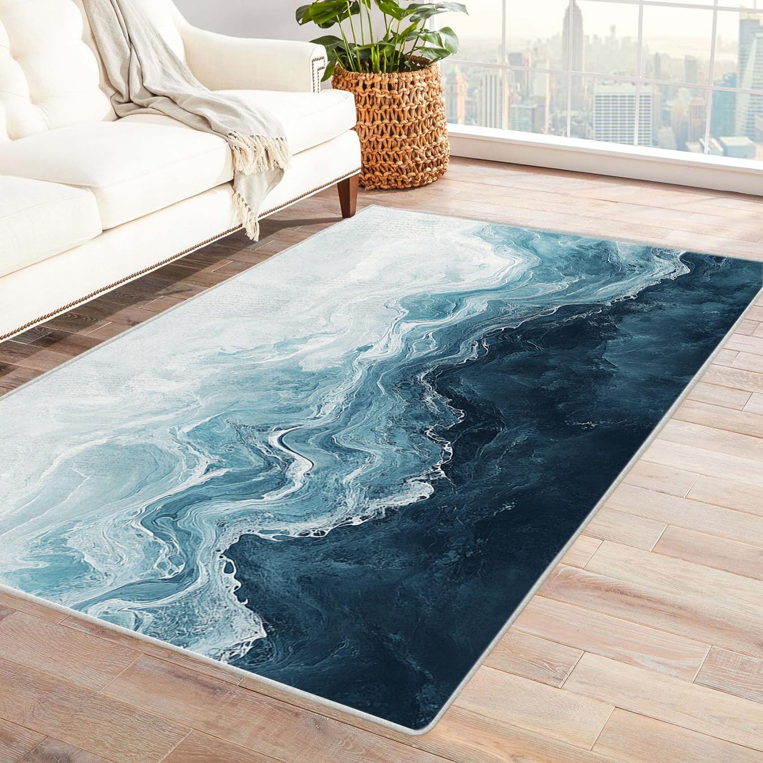 Tapis vintage imprimé vague abstrait blanc 120x180cm, paillasson d'entrée durable
