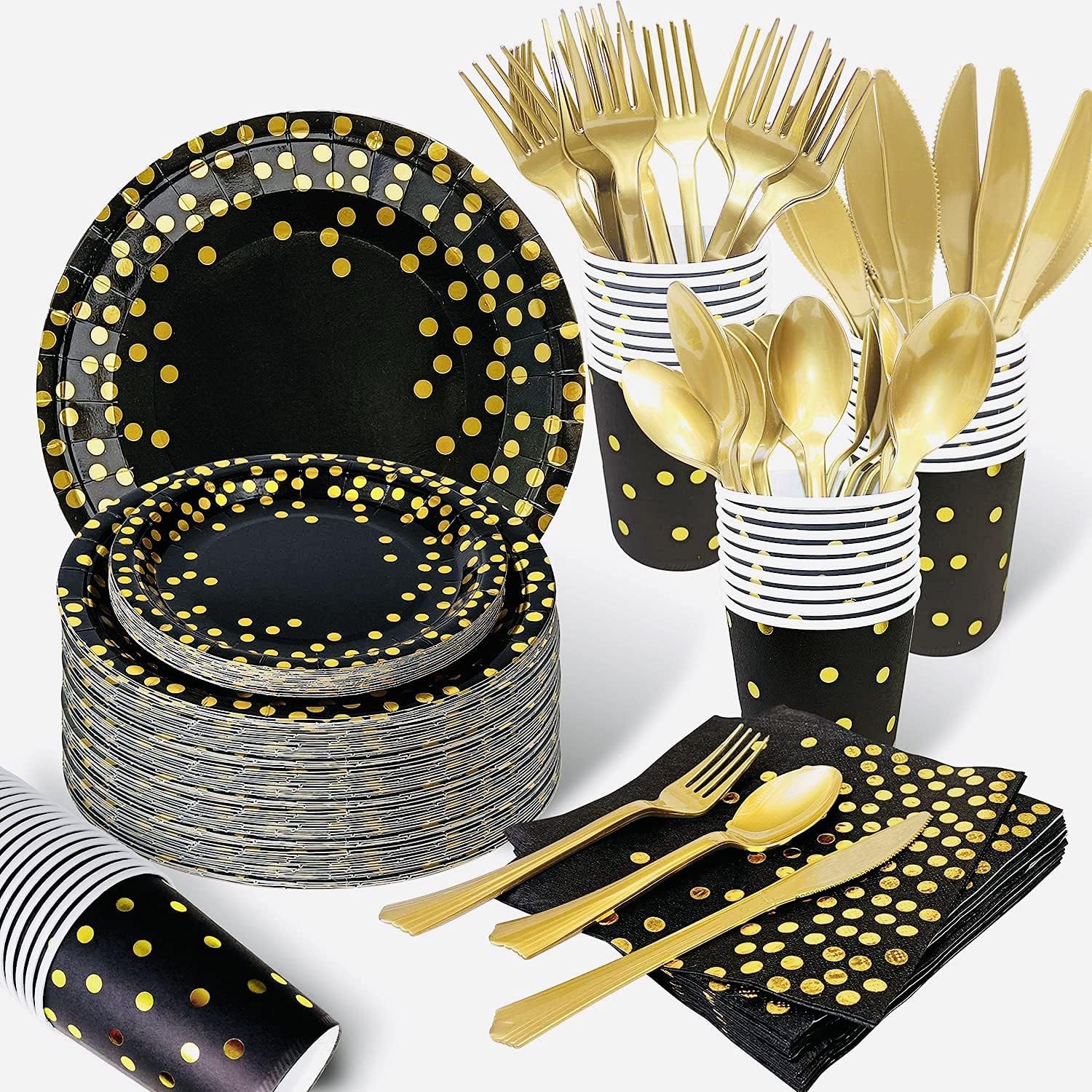 Generic Black and Gold Party Supplies 175PCS Sever for 25 Guests Disposable Party Dinnerware Golden Dot Black Plastic Plates and Gold Plastic Forks Knives Spoons Black Napkins Cups