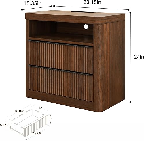 Miniatura 3 de Juego de 2 mesitas de noche acanaladas con cajón, mesita de noche grande y moderna con puerto USB y tomacorriente, mesita de noche de mediados de