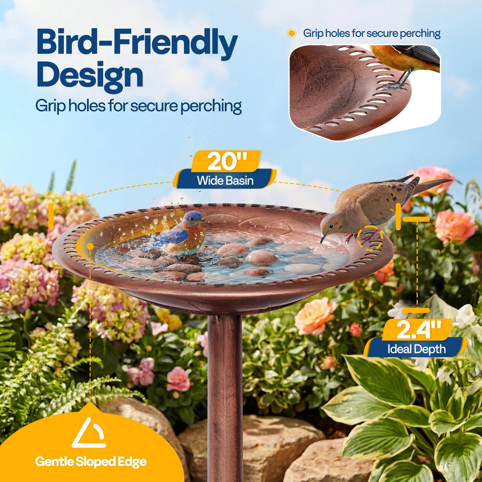 VIVOHOME Abbeveratoio per Giardino 71cm Altezza Poliresina Leggero Antico Plastica Resina da Terra Esterno Ciotola d'Acqua per Uccelli
