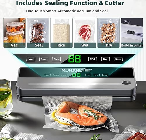 Miniatura 2 de MDHAND Sellador al vacío máquina selladora al vacío 6 en 1 con 30 bolsas y cortador incorporado, sellado automático multifuncional de succión fuerte