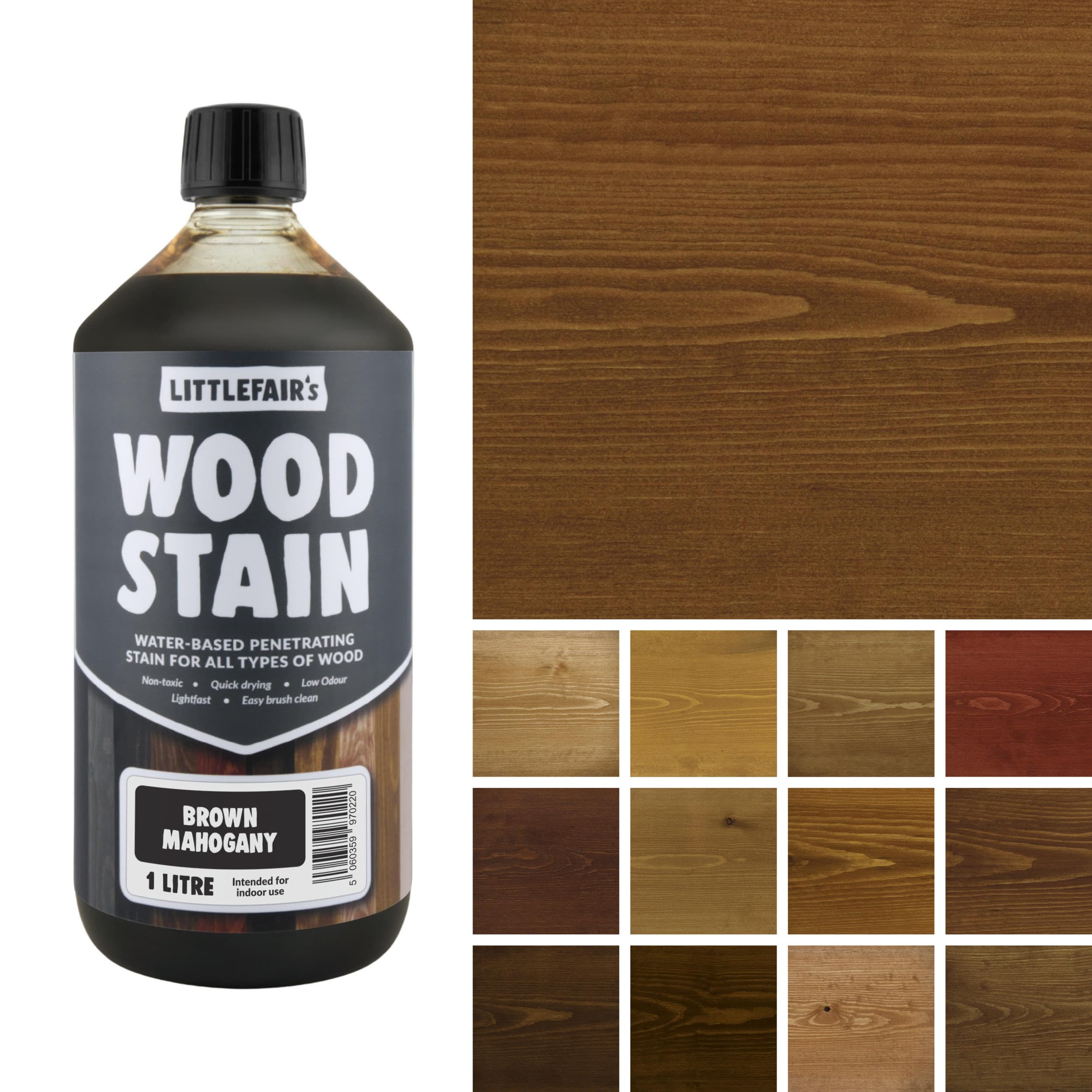 Littlefair's Wood Stain Water Based - 1 LTR - Indoor Furniture Stain Light & Dark Finishes - Special Non Toxic & Eco Friendly Formula - Wood Stain for Crafts - Colour: Brown Mahogany