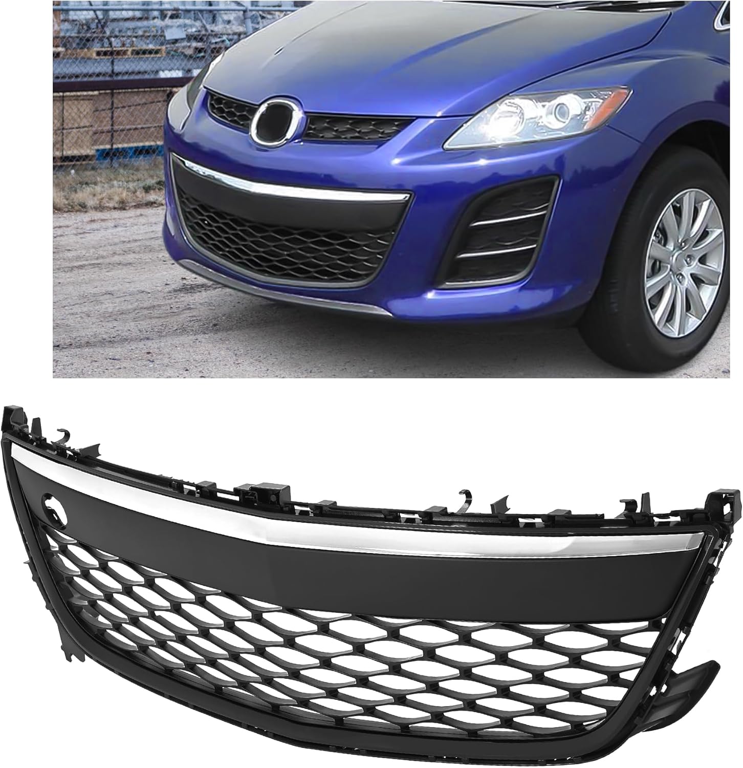 KUAFU Front Lower Grille Grill Compatible with 2010-2012 Mazda CX7 CX-7 Replacement for MA1036121 EH44501T0H Bumper Grill Chrome Black+Silvery