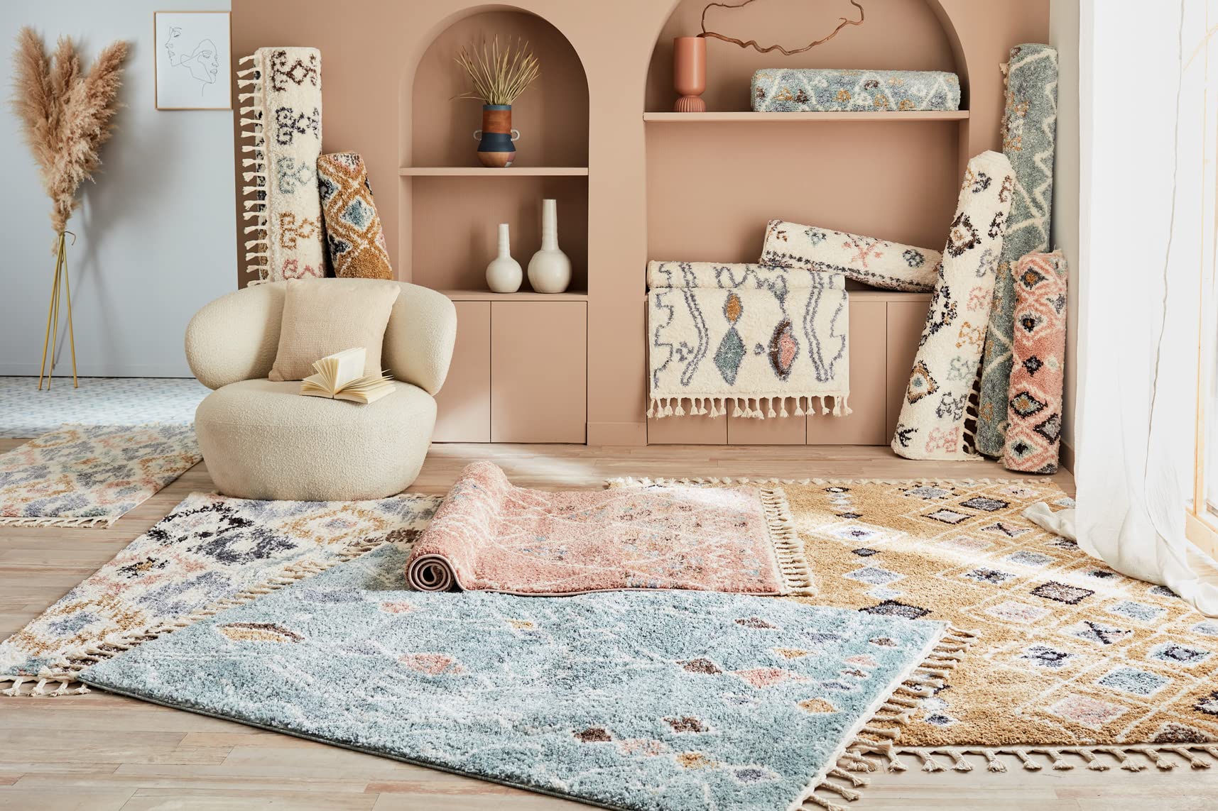 Nazar Tapis Berbere Salon, Tapis Berbere Multicolore, Motifs Losanges Géométriques, Lavable, Moelleux, Poils Longs (120x170 cm, 3063 Crème)