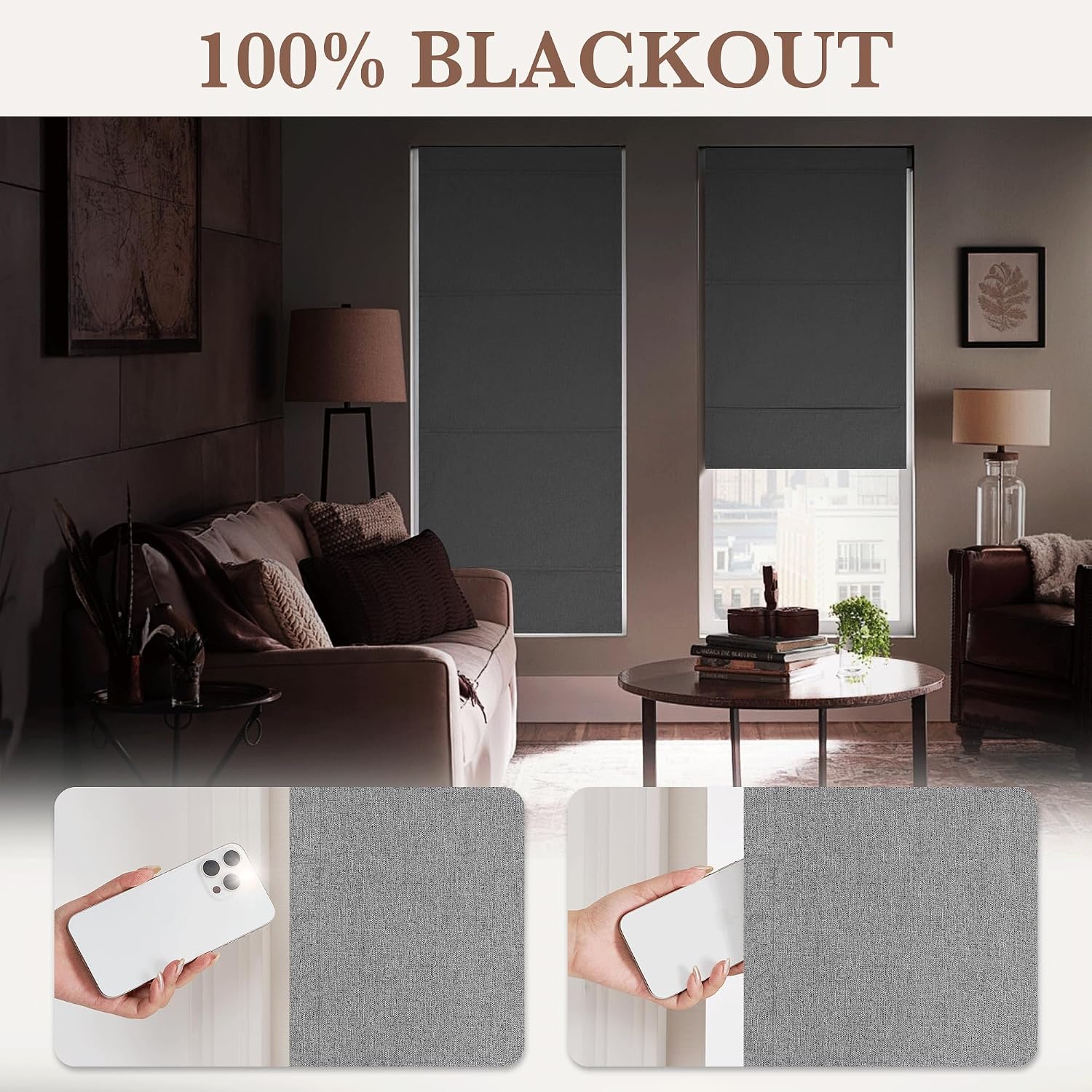 RYB HOME 100% Blackout Grey Roman Shade Linen Fabric, for Bedroom Window image 5