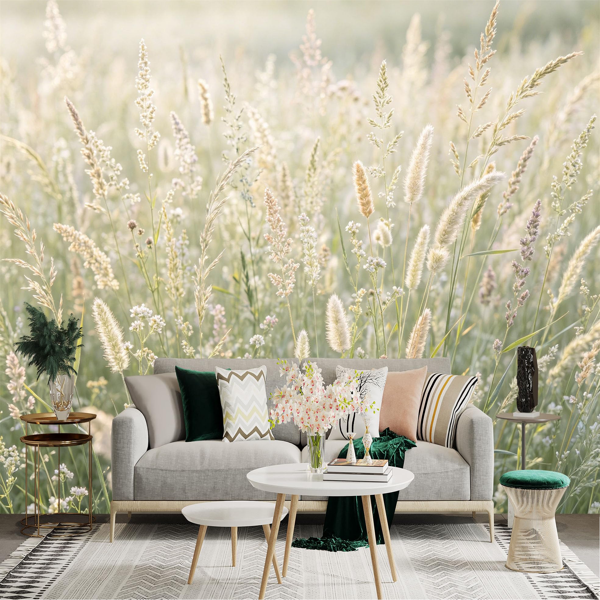 Lnzczhyre Dbh260521423 Custom Size Wall Sticker Mural， Soft Morning Meadow， Wild Plants And Sunlit Field， Aesthetic Botanical Nature Scene， For Wall Decoration， Peelandstick Wall Decals.