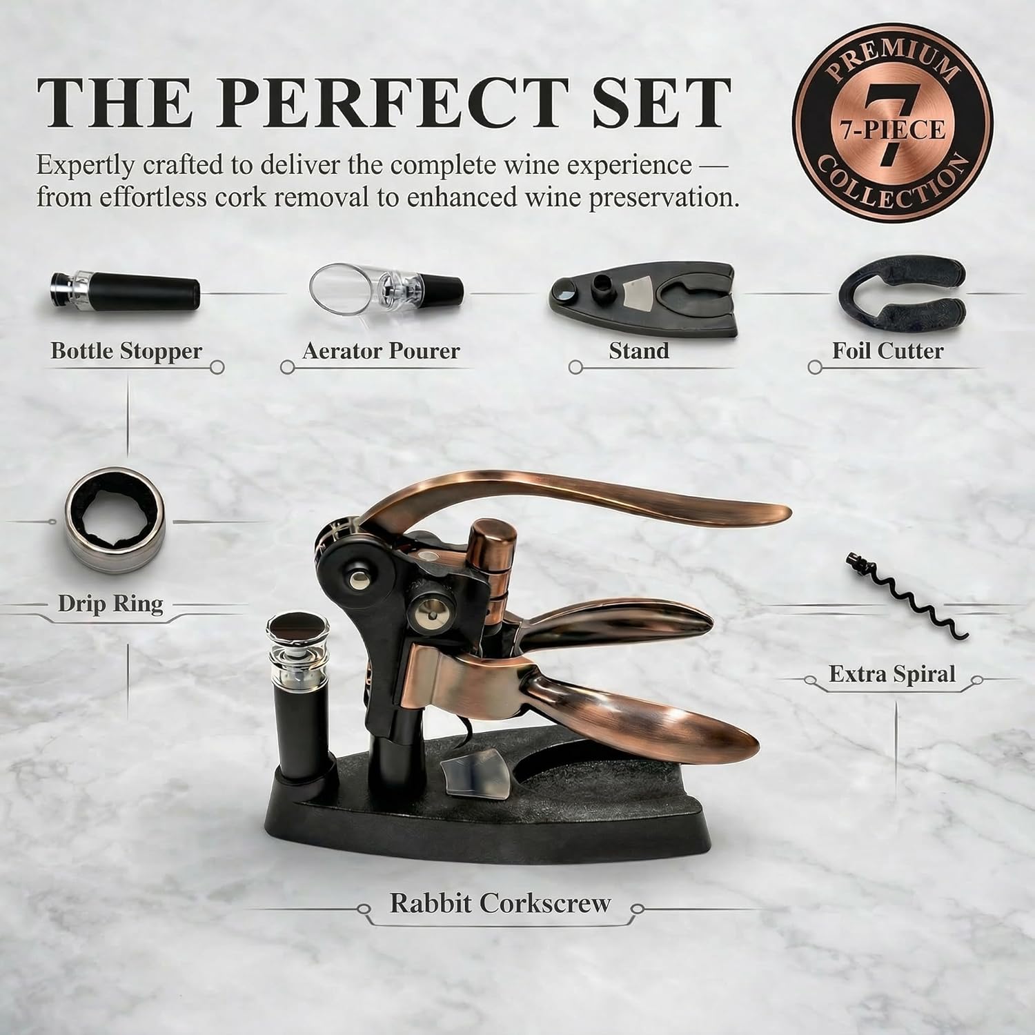 Ultimate All-in-One rabbit wine opener Set – 7 Essential Accessories Included – Complete corkscrew wine opener Kit with Aerator, Stopper & Stand – Premium wine bottle opener for Wine Lovers