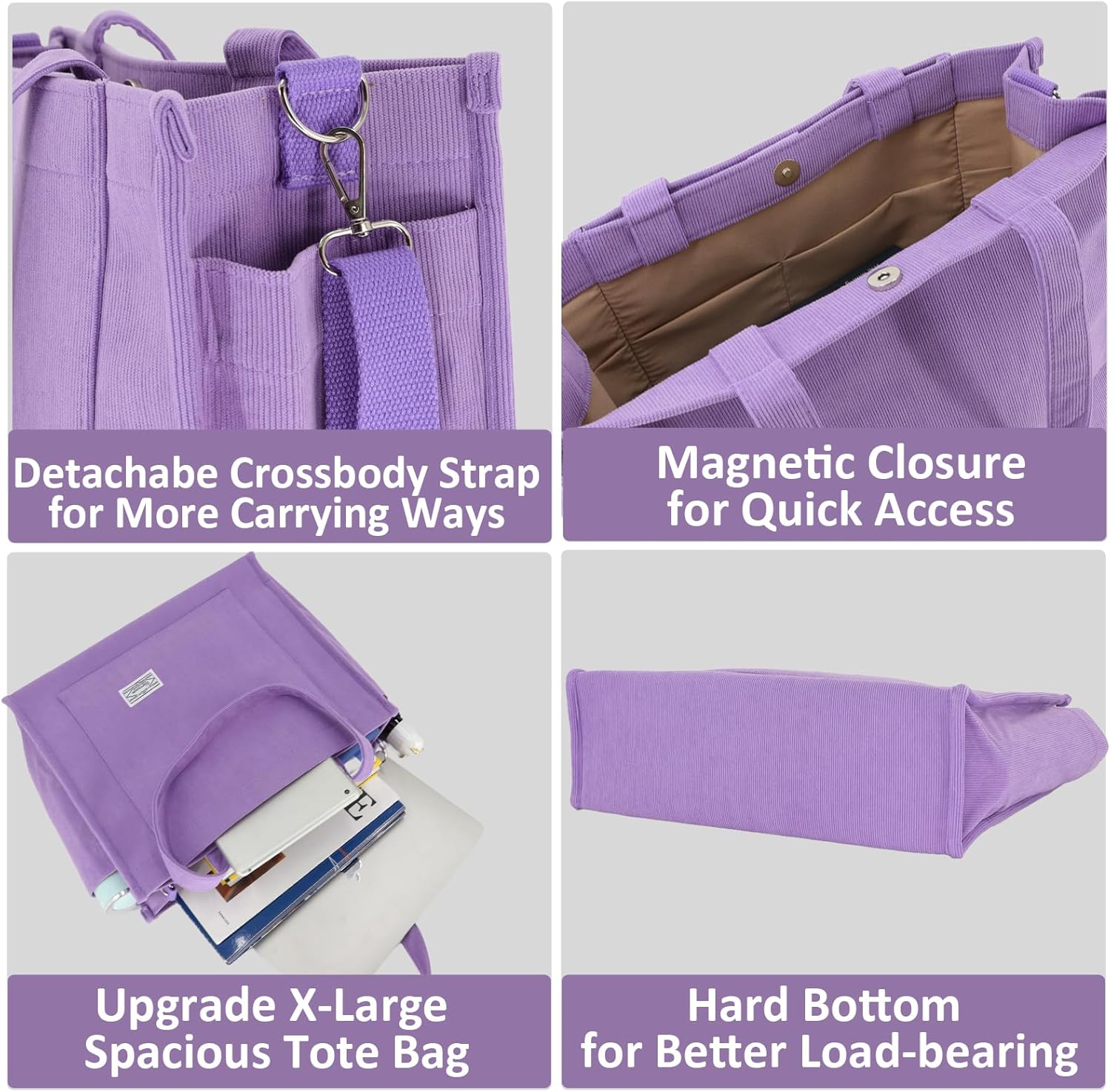 UERRUAM Tote Bag for Women with Compartments,Large Corduroy Tote for Work Travel College Book Bag Hard Bottom Crossbody Bag - Image 4