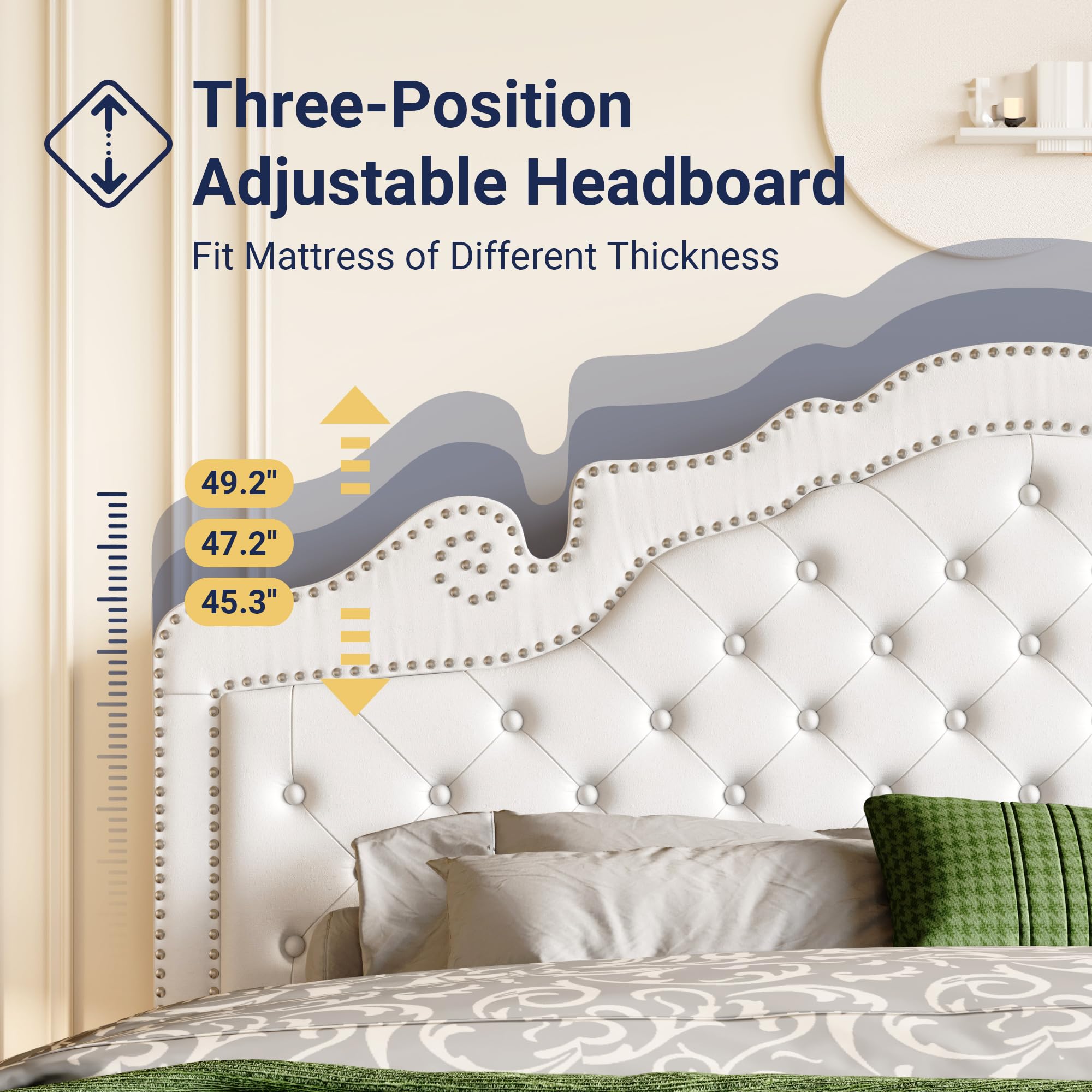 Allewie King Bed Frame with Adjustable Velvet Tiara Headboard, Upholstered Diamond Button Tufted Platform Bed, Wood Slats Support, No Box Spring Needed, Mattress Foundation, Easy Assembly, Black: White King