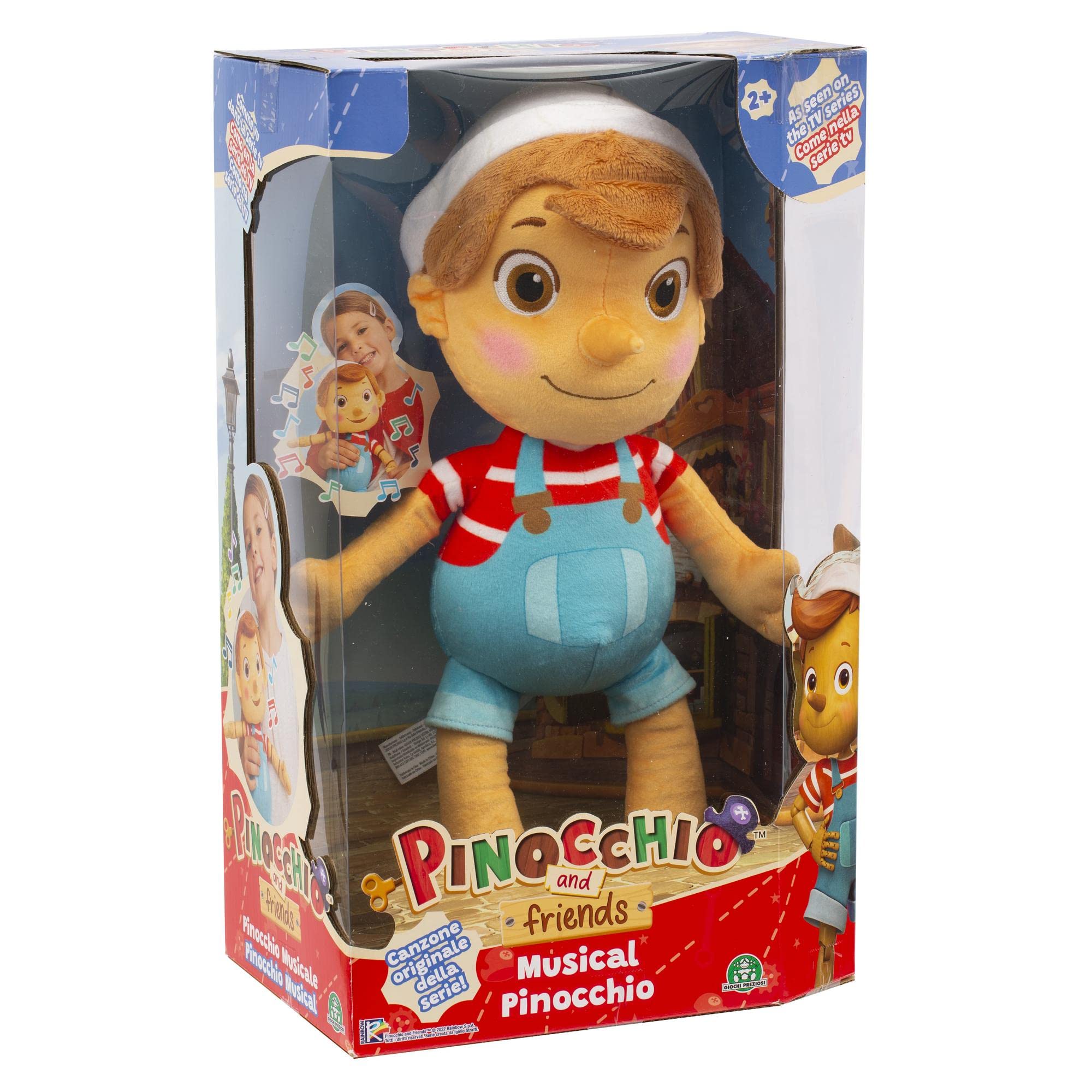 Giochi Preziosi Pinocho - Peluche Musical de 36 cm con Sombrero, Solo presiona el Vientre, Escucha la Sigla de la Serie de televisión, para niños a Partir de 3 años, PNH10000