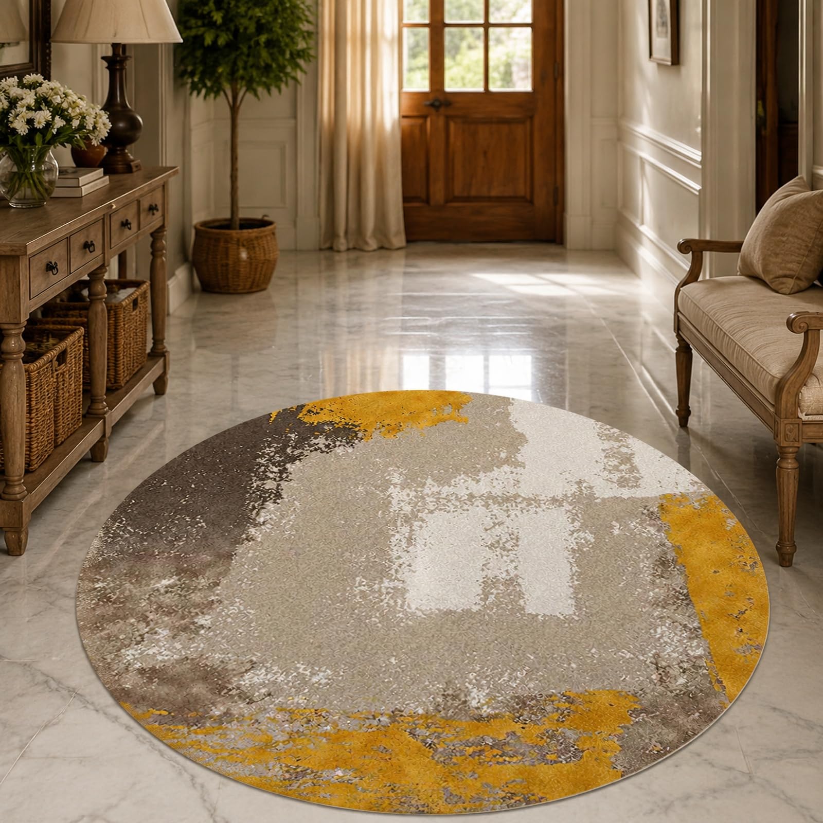 Tapis rond moderne pour chambre et salle de séjour motif abstrait jaune gris 80 cm