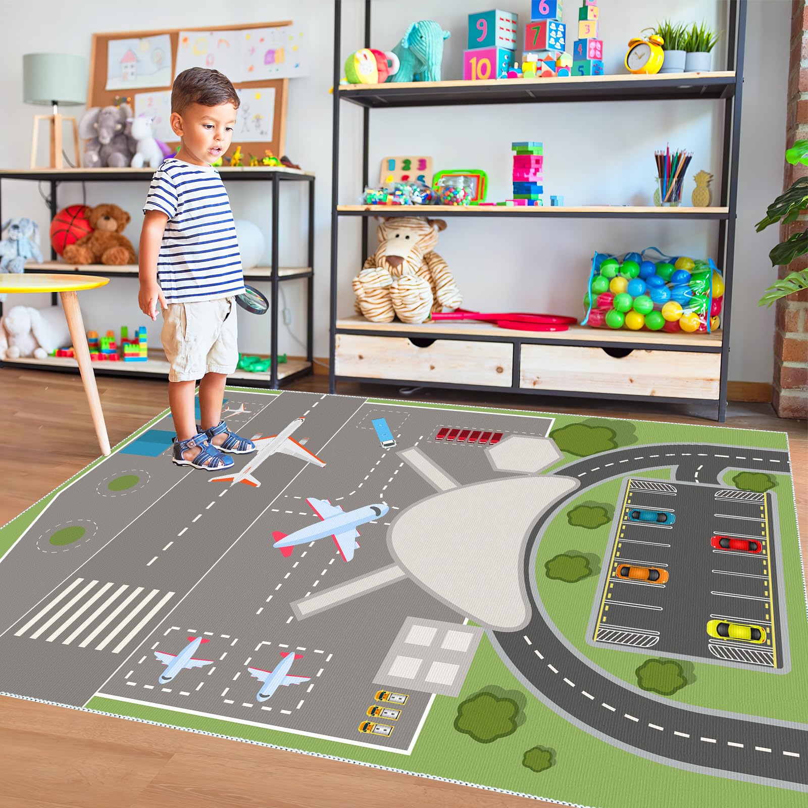 Flughafen Spielmatte Spielteppich Spiel-Matte für das Kinder-Zimmer Kinder-Innenmatte rutschfest und Fleckenbeständig Spielmatte mit Flughafenmuster (80X150CM, ZD)