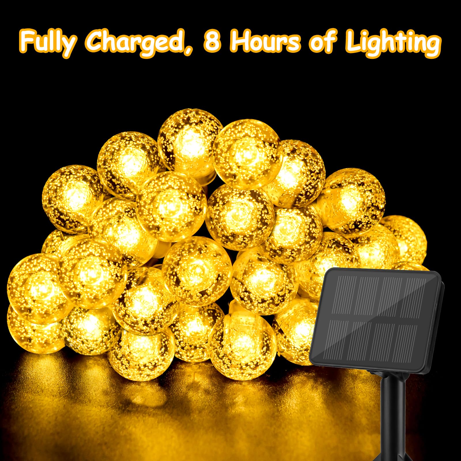 Catena di luci solari per esterni, resistente alle intemperie, 7 m, 50 LED, 8 modalità, luce solare per esterni, per balcone, campeggio, giardino, terrazza, matrimoni, feste, bianco caldo