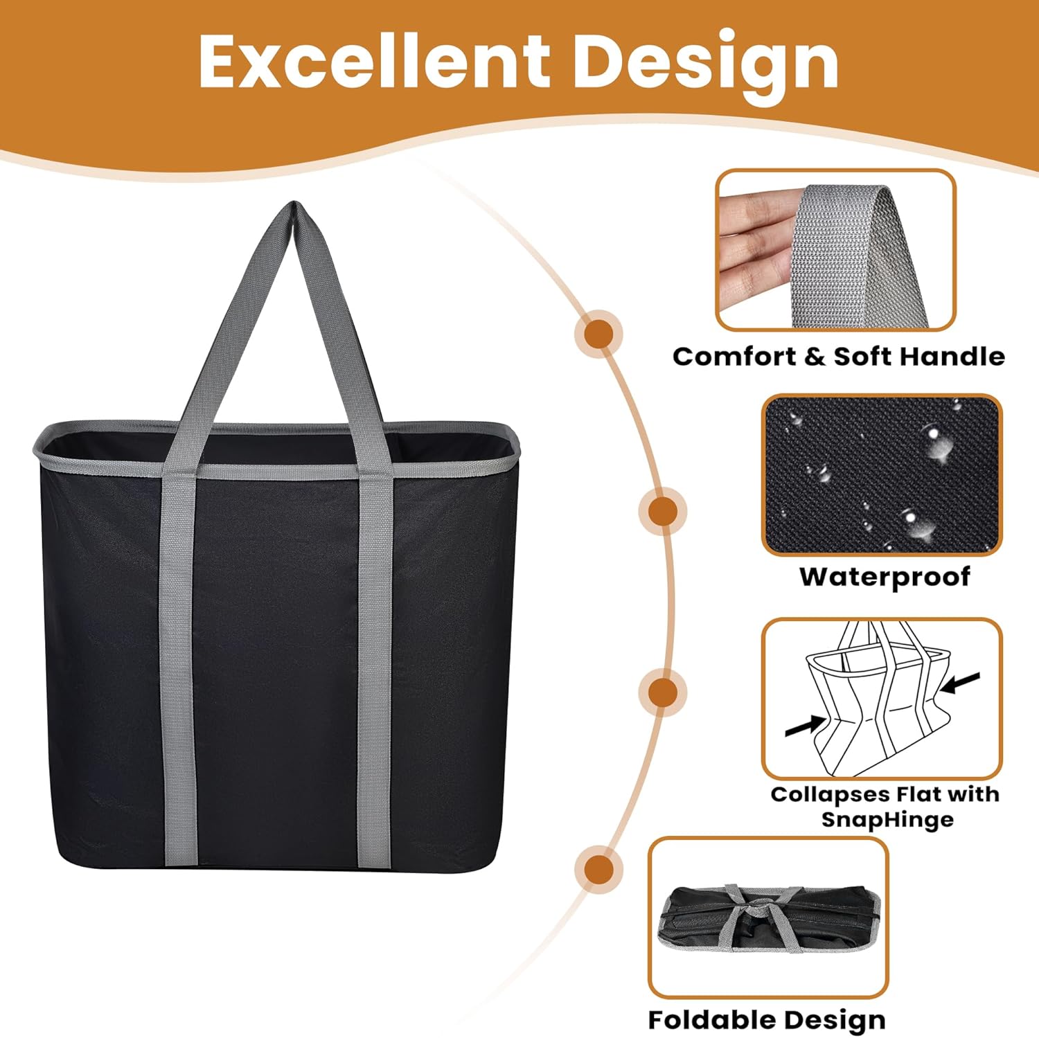 JOMOLA Collapsible Laundry Basket, Large Folding Clothes Hamper Bag, Fabric Laundry Tote Carry All Bin XL Pop Up Baskets with Handles, Waterproof Clothes Storage Basket for Bathroom, Family Black