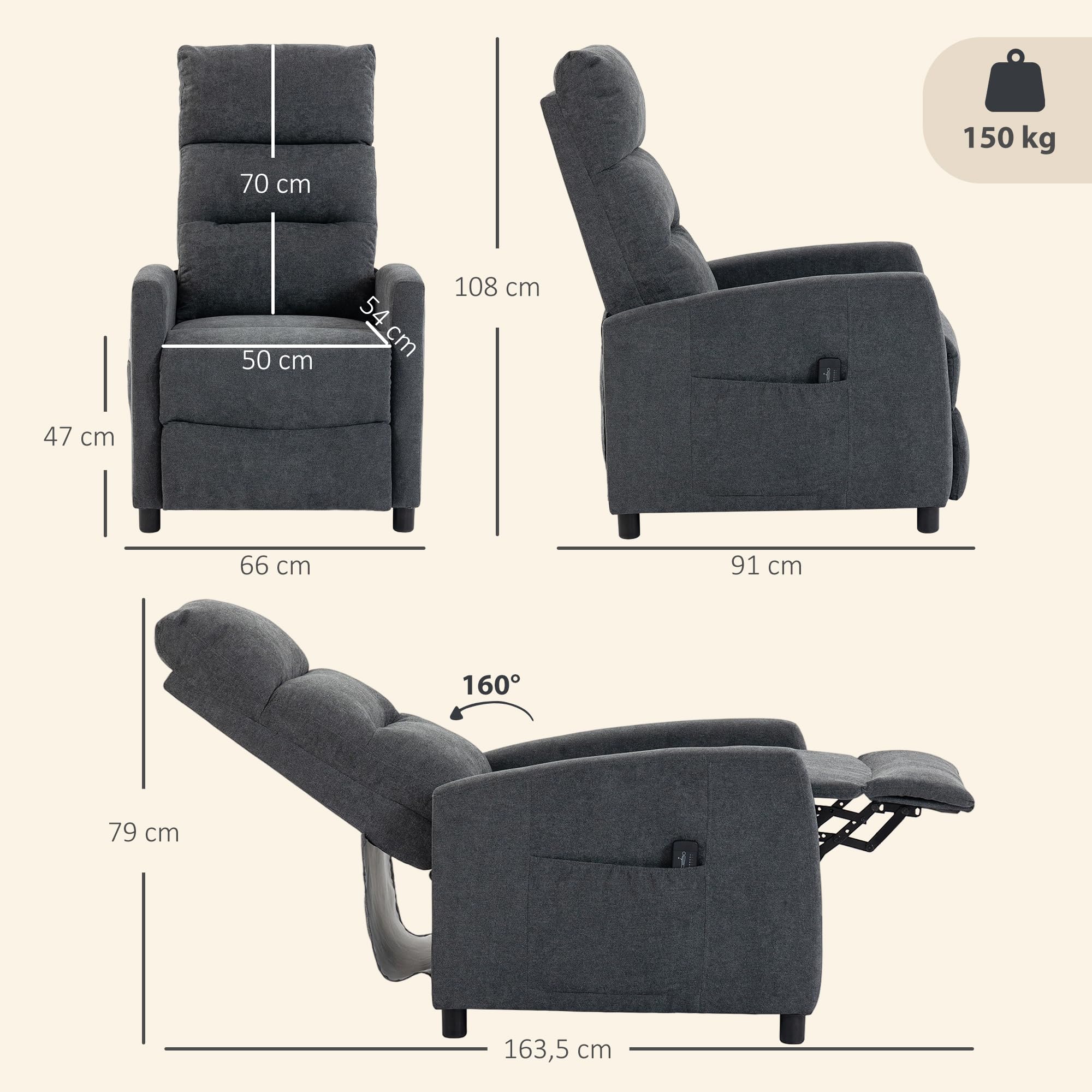 HOMCOM Sillón de Masaje, Sillón Relax Reclinable 160° con Mando a Distancia, Reposapiés, 2 Zonas de Masaje, Respaldo Alto, Asiento de Muelles, Bolsillos, Tapizado en Chenilla, 66x91x108 cm Gris Oscuro