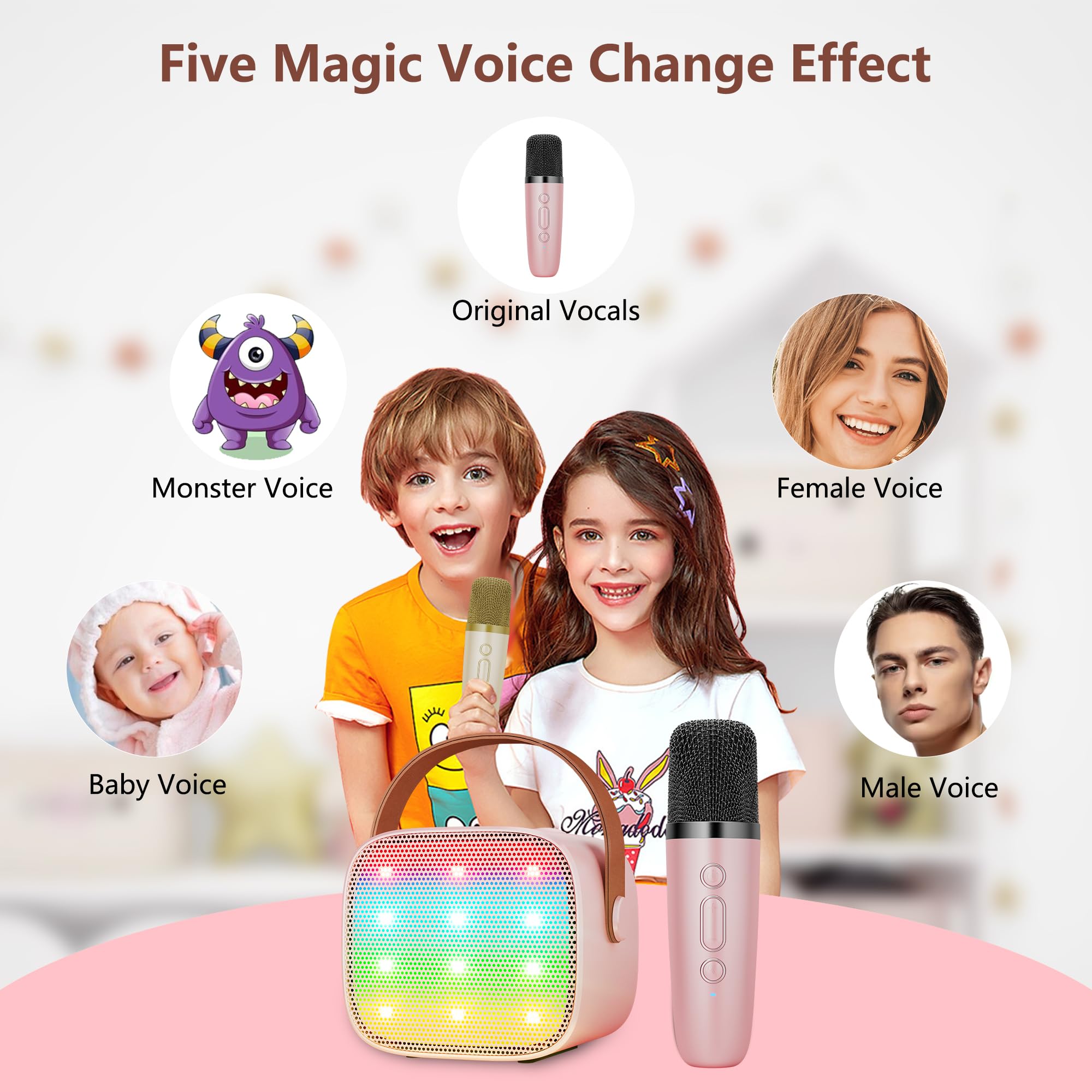 BONAOK Microfono Karaoke, Giocattolo per Karaoke, Bluetooth, per Bambini, Adulti, Lettore Karaoke Portatile, Microfono per la Ricarica, Giocattolo Elettronico per Bambini(pink)