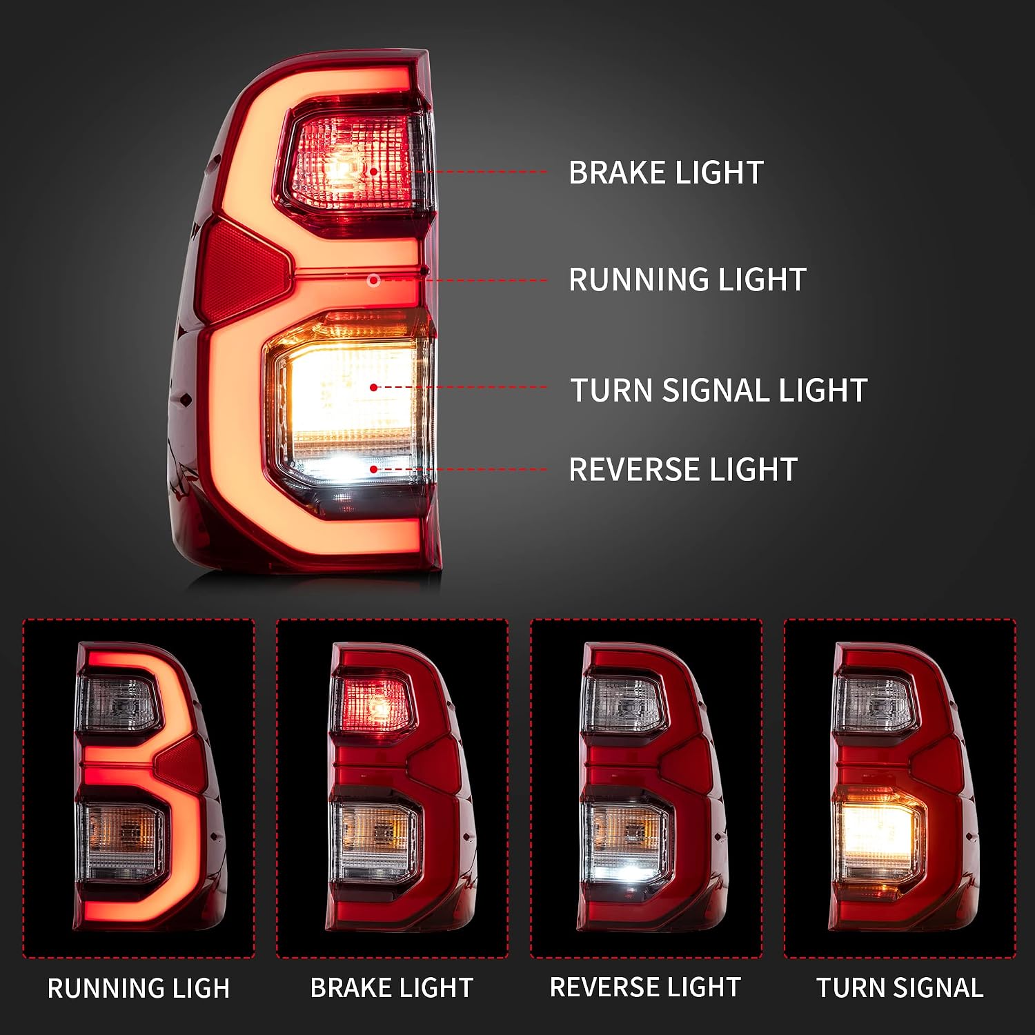 VLAND LED Red Tail Lights Compatible For [ Toyota Vigo/Hilux 2015-2020 Base, Chasis, Doble Cab, SR, DLX ] W/LED Running lights, Brake light, Turn Signal & Reverse lights, Not For HiLux Tonka