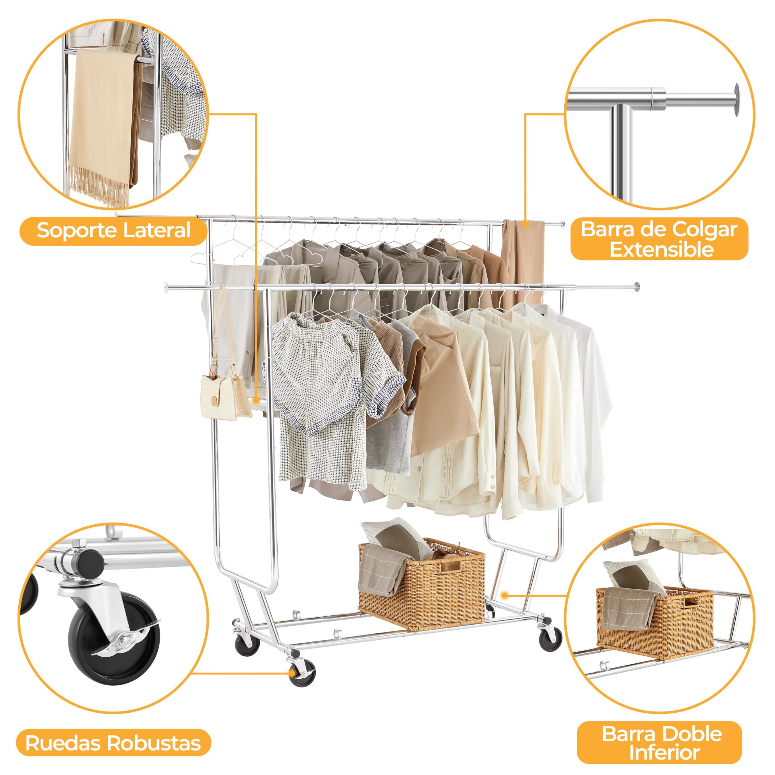Yaheetech Perchero de Ropa con Ruedas Burro Ropa Resistente Ajustable Plata | 128-188cm Ancho 140-165cm Alto Doble Varilla Extensible Base para Zapatos Soporta 113kg