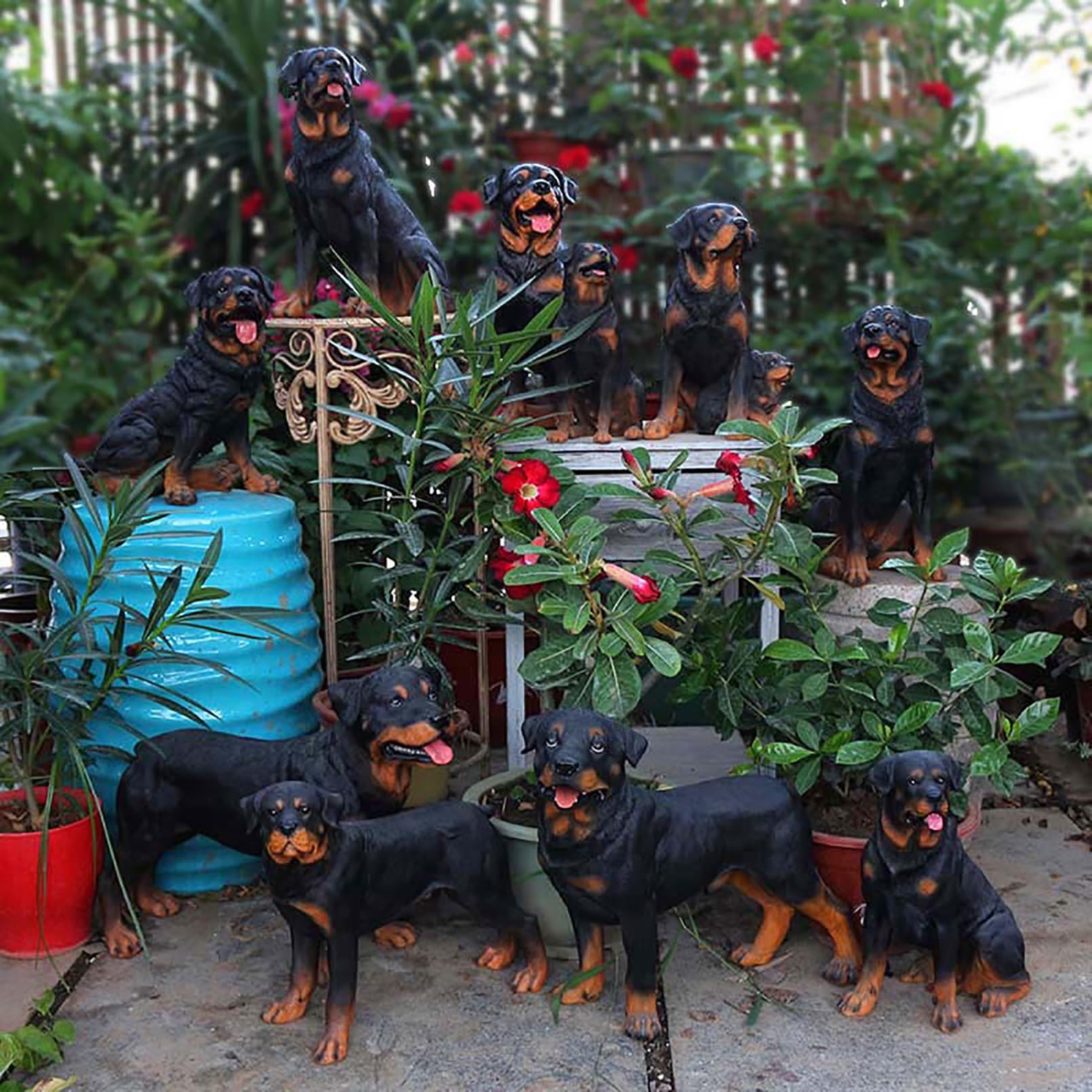 Gartenfiguren für draußen wetterfest Groß Rottweiler Gartenstatue aus Harz Gartendeko für draußen für Terrasse Balkon Hof Rasen,Geschenke für Gartenliebhaber