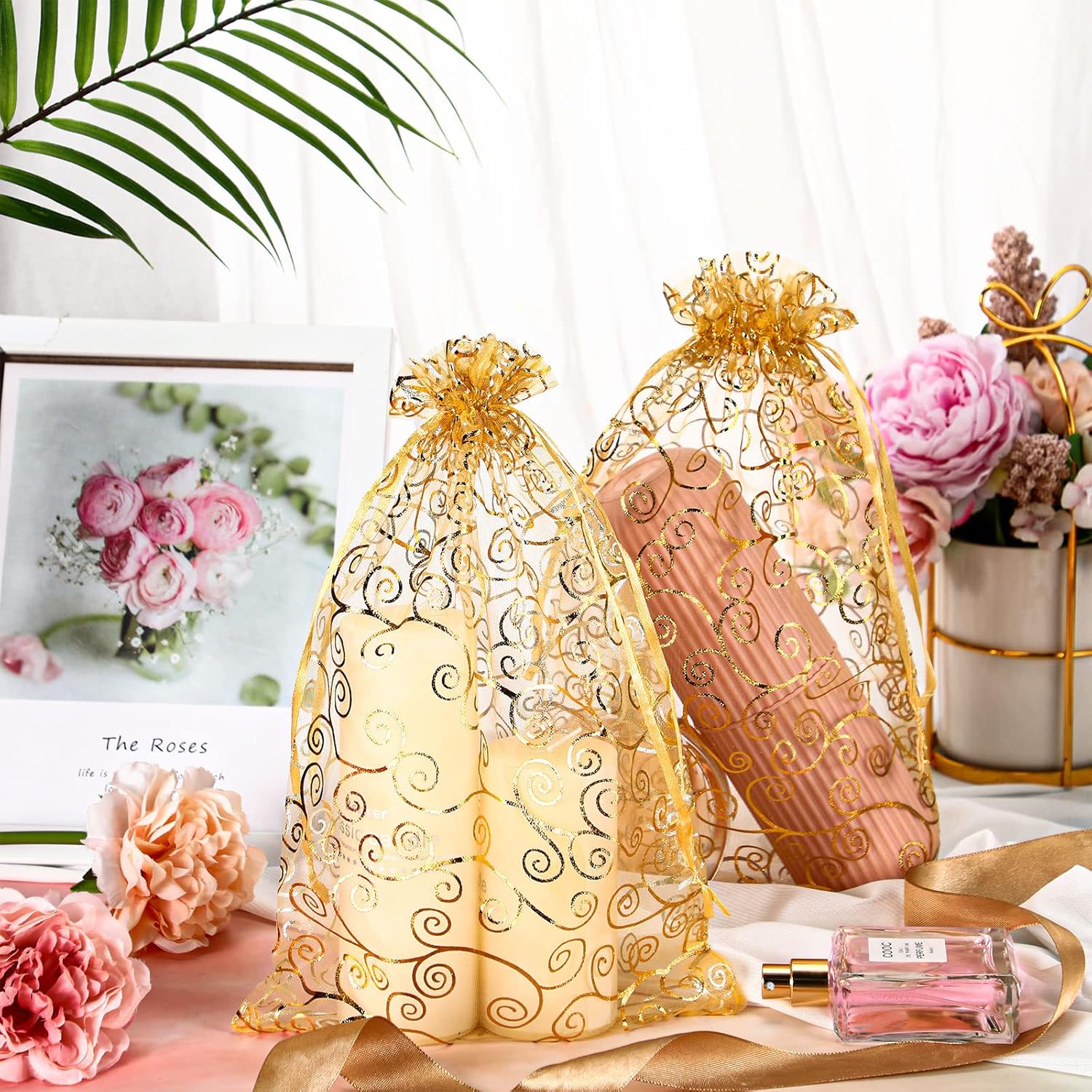 Kigeli 100 Pcs 8 x 12 Inch Large Organza Gift Bags Wedding Party Favor Candy Toys Makeup Pouches Gift Drawstring Jewelry Bag for Wedding Baby Shower Christmas Party Favors (Gold,Vine) - Image 4