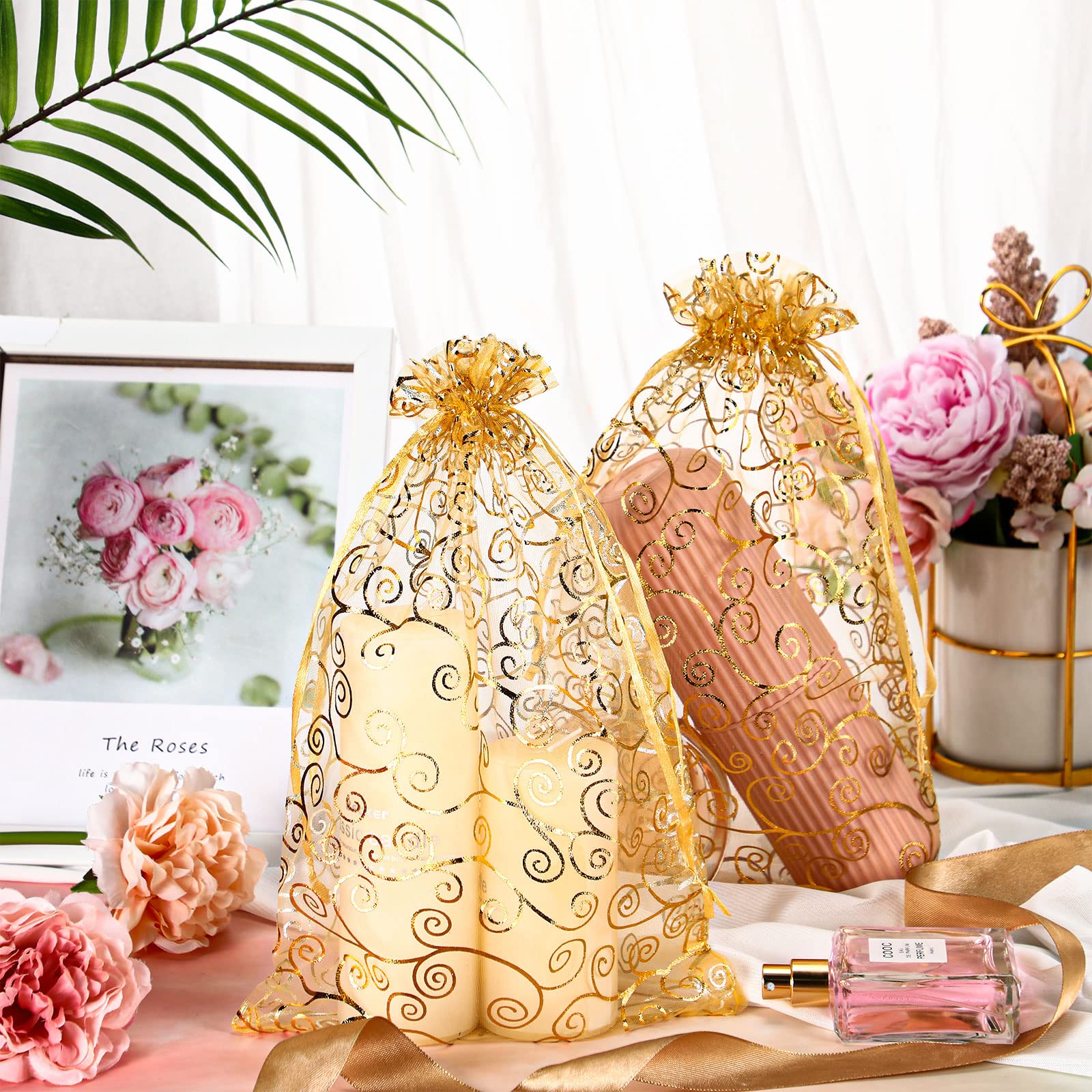 Kigeli 100 sacchetti grandi in organza con coulisse, 20,3 x 30,5 cm, sacchetti per bomboniere, sacchetti a rete velata con stampa in rattan, sacchetti regalo per compleanni, gioielli, matrimoni,