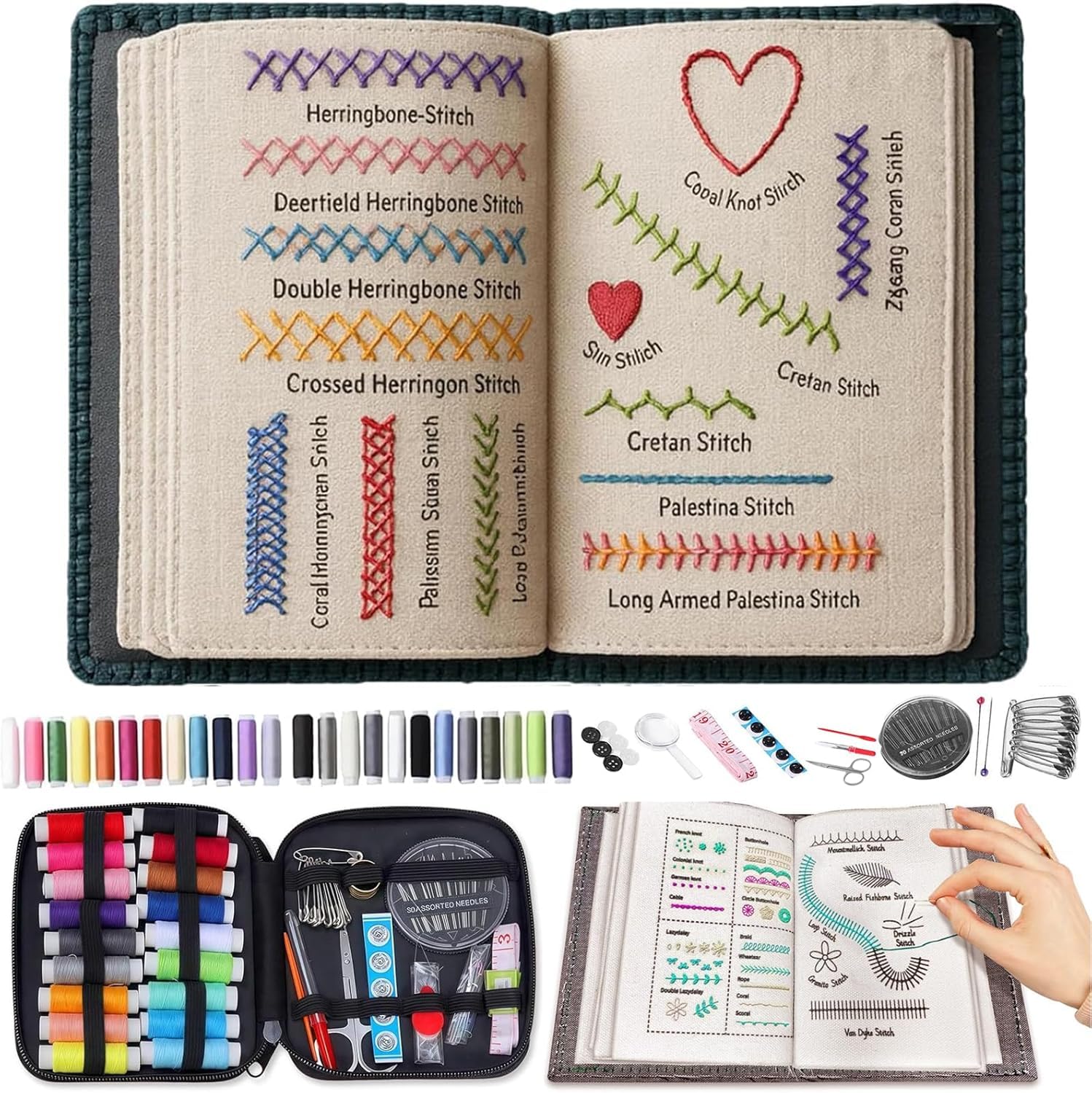 Embroidery Stitch Book Kit For Beginners, 2026 Diy High-Density Linen Sewing Kit Step-By-Step Tutorials Portable All Scenario Embroidery Stitch Book For Beginners And Craft Lovers (108 Stitches)