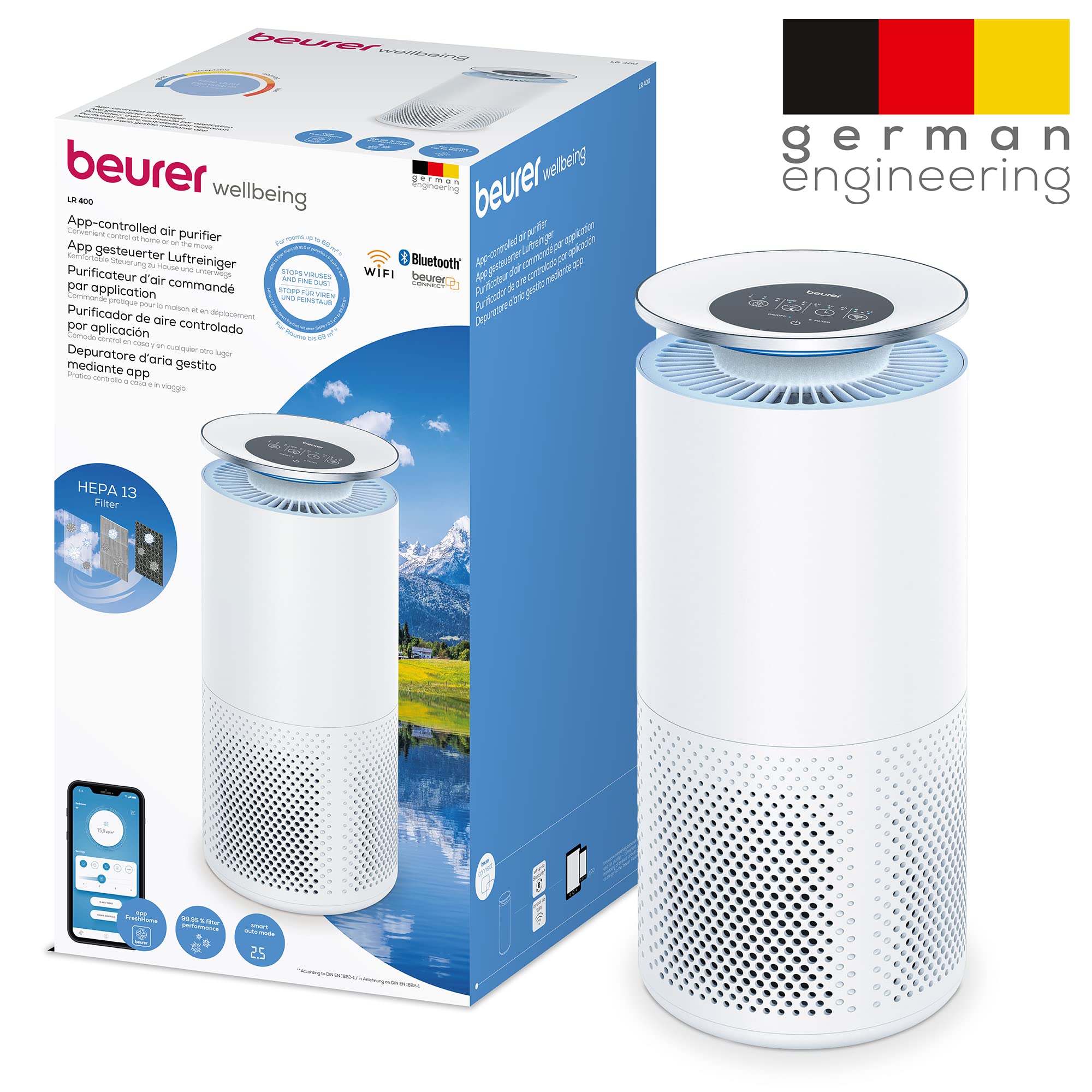 Beurer LR 400 Purificador de aire, control y monitorización del aire de la habitación vía app, sistema de filtro de tres capas y luz ultravioleta conmutable, para habitaciones de hasta 69m²