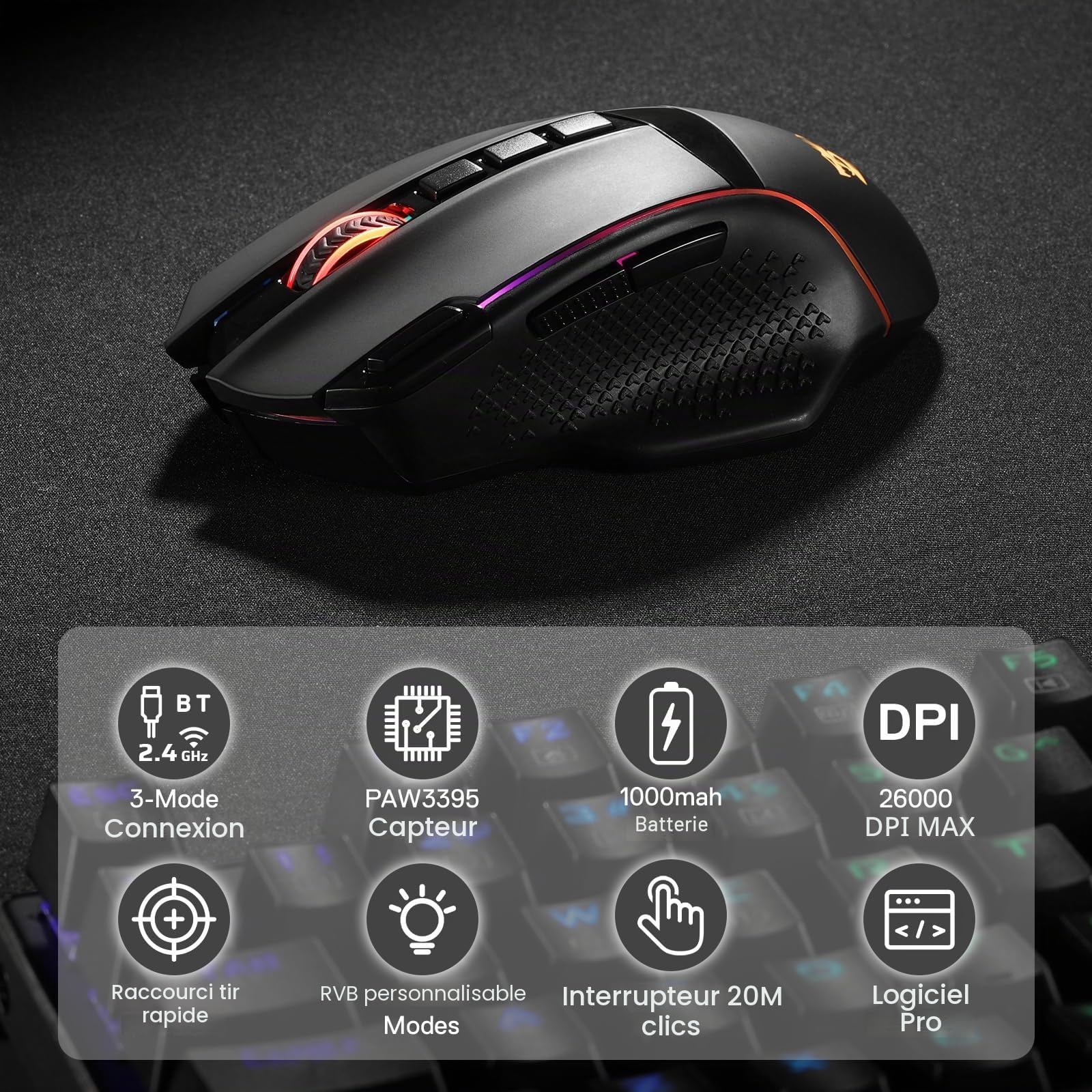 Redragon M991 Souris sans Fil 26000 DPI 3 Modes Tir Rapide Noir
