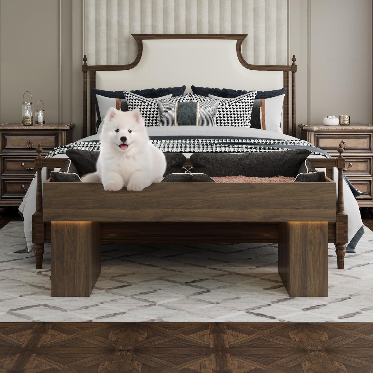 review Elevated Dog Bed Modern Wooden Pet Bed and Led Light, Small to Medium Elevated Pet Bed with Storage Shelves, Walnut
