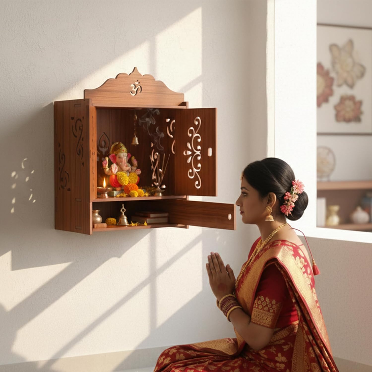 Wooden Wall Mounted Hanging Table top Temple Pooja Mandir God Stand Shelf for Storage and Idols Decoration for Home Office and Gifting (Design-1)