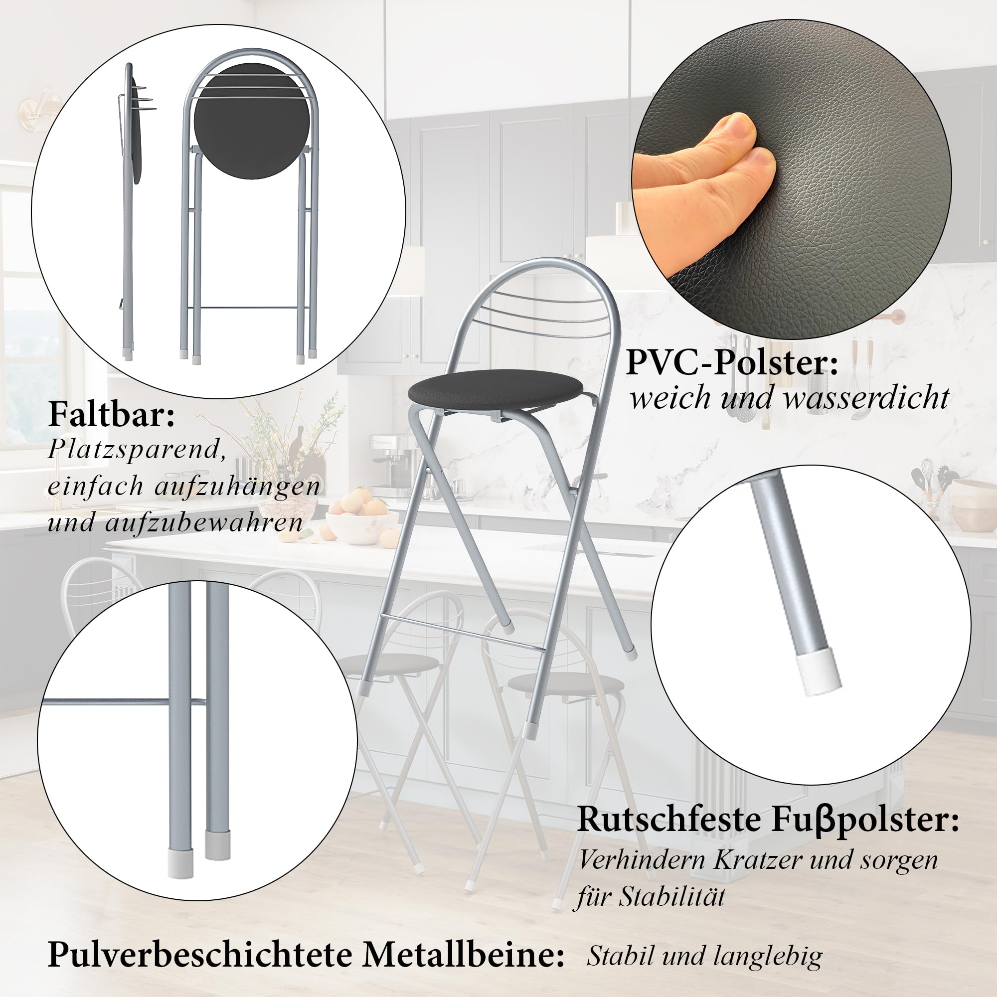 1 Pezzo Sgabello Bar Alto Pieghevole Pieghevole Portatile Cucina con Schienale, Sedie Sgabelli Alti Pieghevoli per Interno Esterno in Cucine/Bar/Bistrot/Campeggio/Nero Ecopelle Seduta/Altezza 61CM
