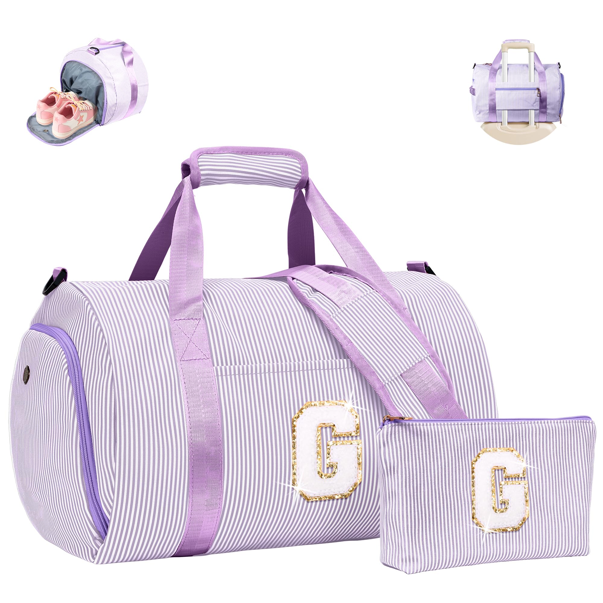 Vogewood Gift for Teenager, Girls Travel Duffle Bag, Kids Initial Overnight Duffel Bags with Shoe Compartment, Personalized Weekender Bag with Makeup Pouch, Teen Girl Gifts Trendy Stuff, Purple, G — image 1