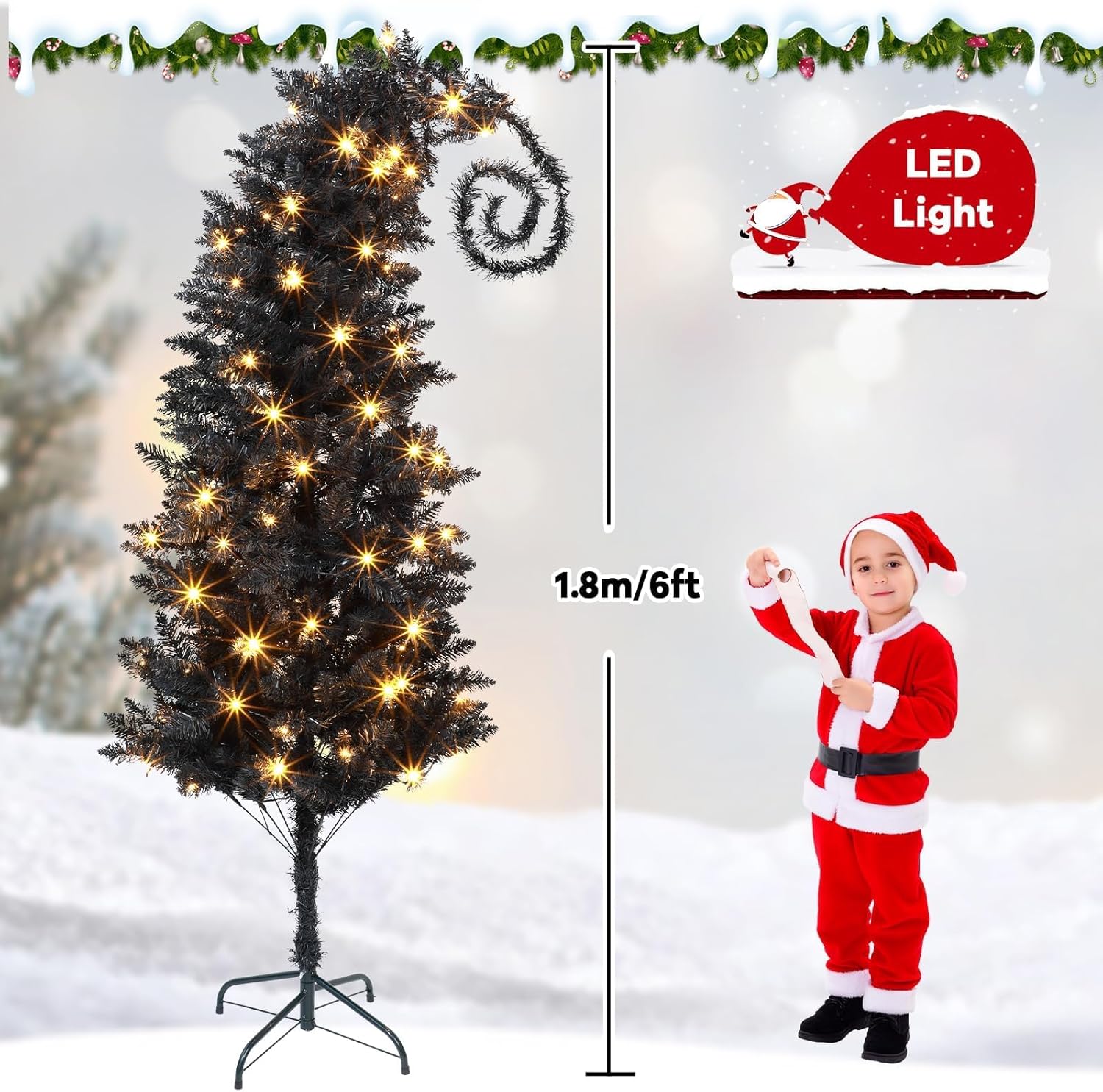 6 Ft Nightmare Before Bent Top Christmas Tree with String Lights Bendable Unique Whimsical Crooked Slim Xmas Tree Holiday Witch Party Decorations Supplies for Home Room (Black)