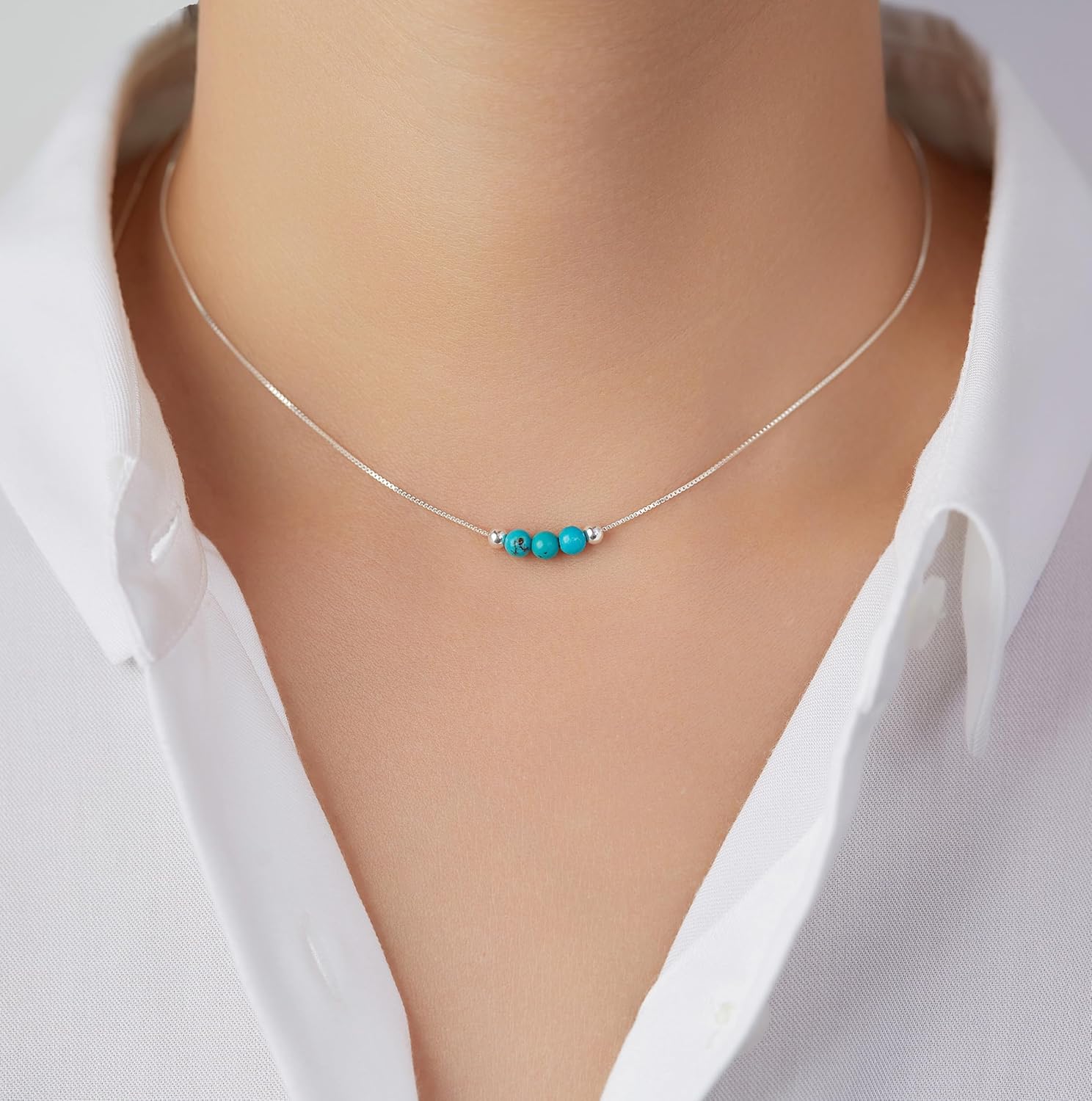 Dainty Crystal 925 Sterling Silver Choker Collar Necklace Handmade With 3 Beads Birthstone Jewelry Gifts for Women Young Lady Mother Friends Keenove