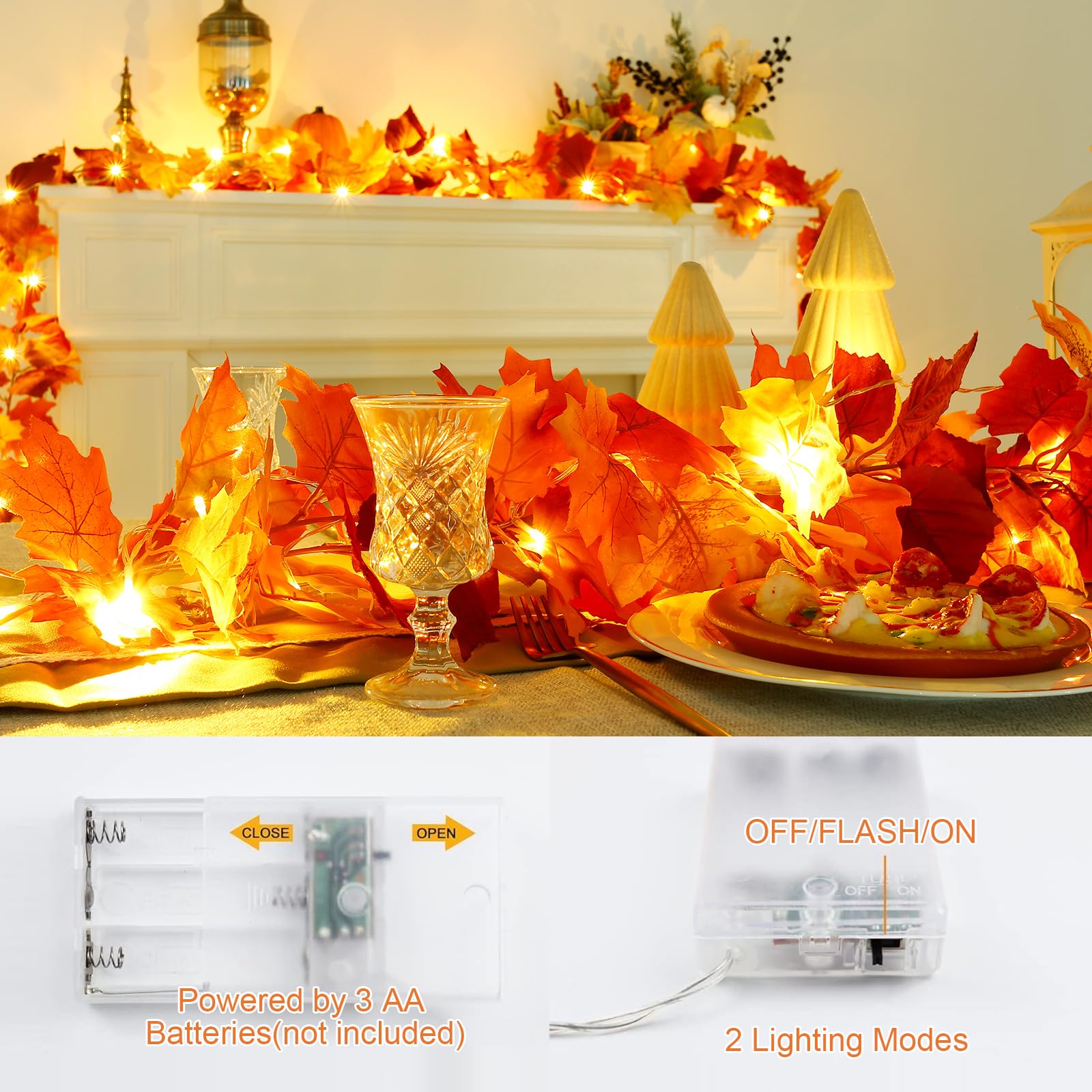Joyhalo Paquete de 6 guirnaldas de otoño con luces, hojas artificiales de otoño, decoración de otoño con cadena de luces LED de 6.5 pies, hojas de arce colgantes para mantel, marco de puerta, chimenea