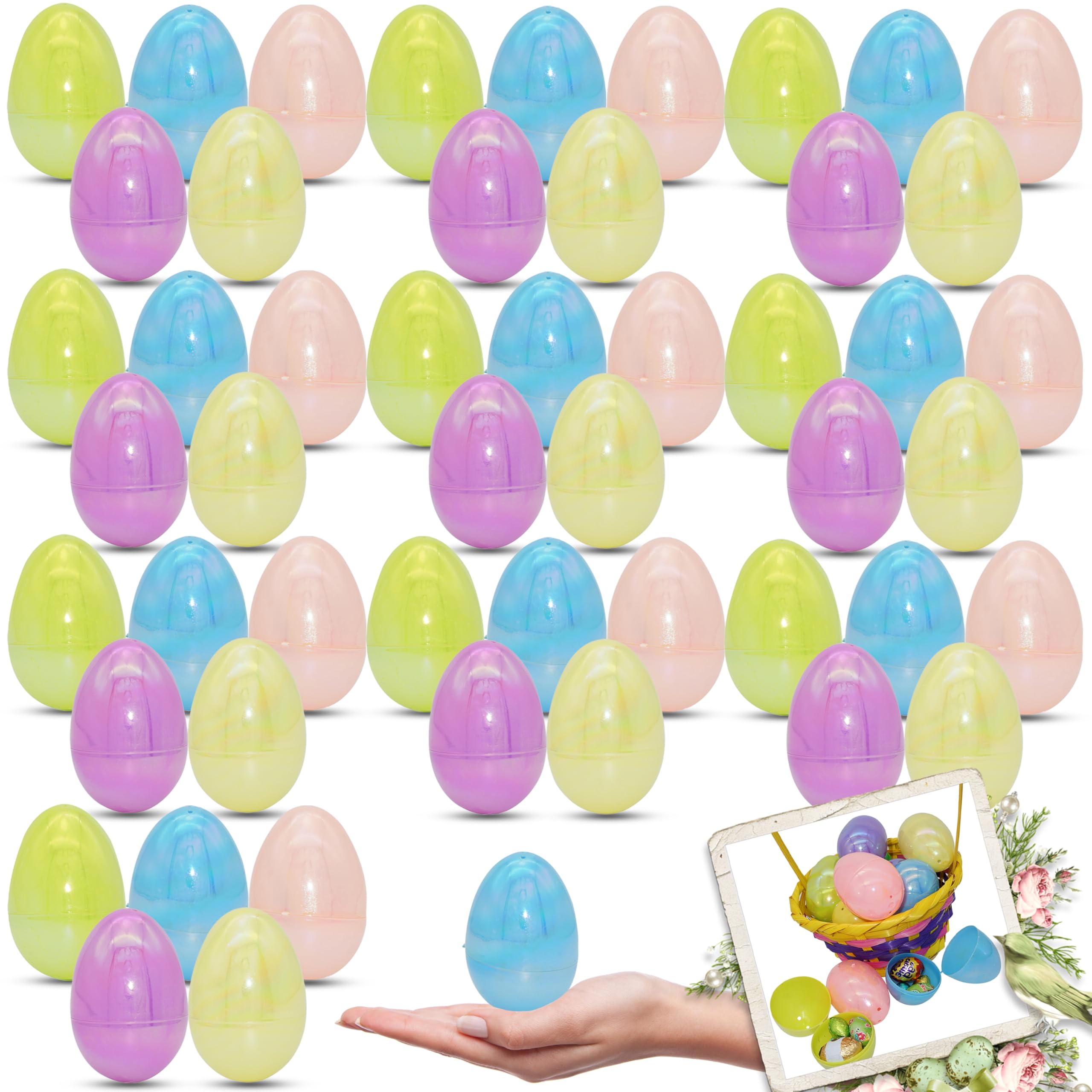 HOVUK 50PCs Iridescent Fillable Easter Eggs 3.03"(7.7cm) - Large Easter Eggs, Empty Candy Gaint Eggs for Egg Hunt, Easter Basket Treats or Easter Theme Party Favor
