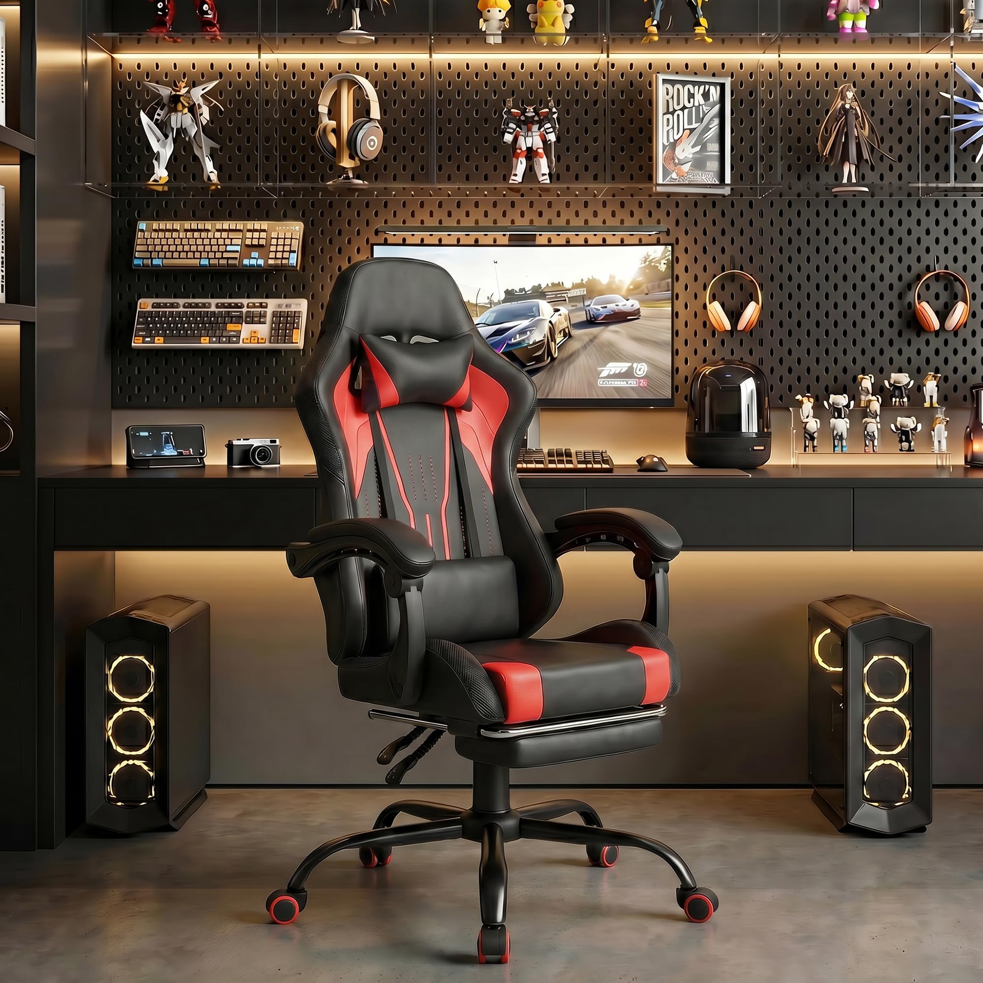 TRIUMPHKEY Sedia da Gioco con Luce RGB LED di Stile Gaming, 366 Modalità di Effetto Luminoso, Tela PU Resistente alla Sporco, Braccioli Sincronizzati, Cuscino Lombaire a Massaggio USB (Rosso)
