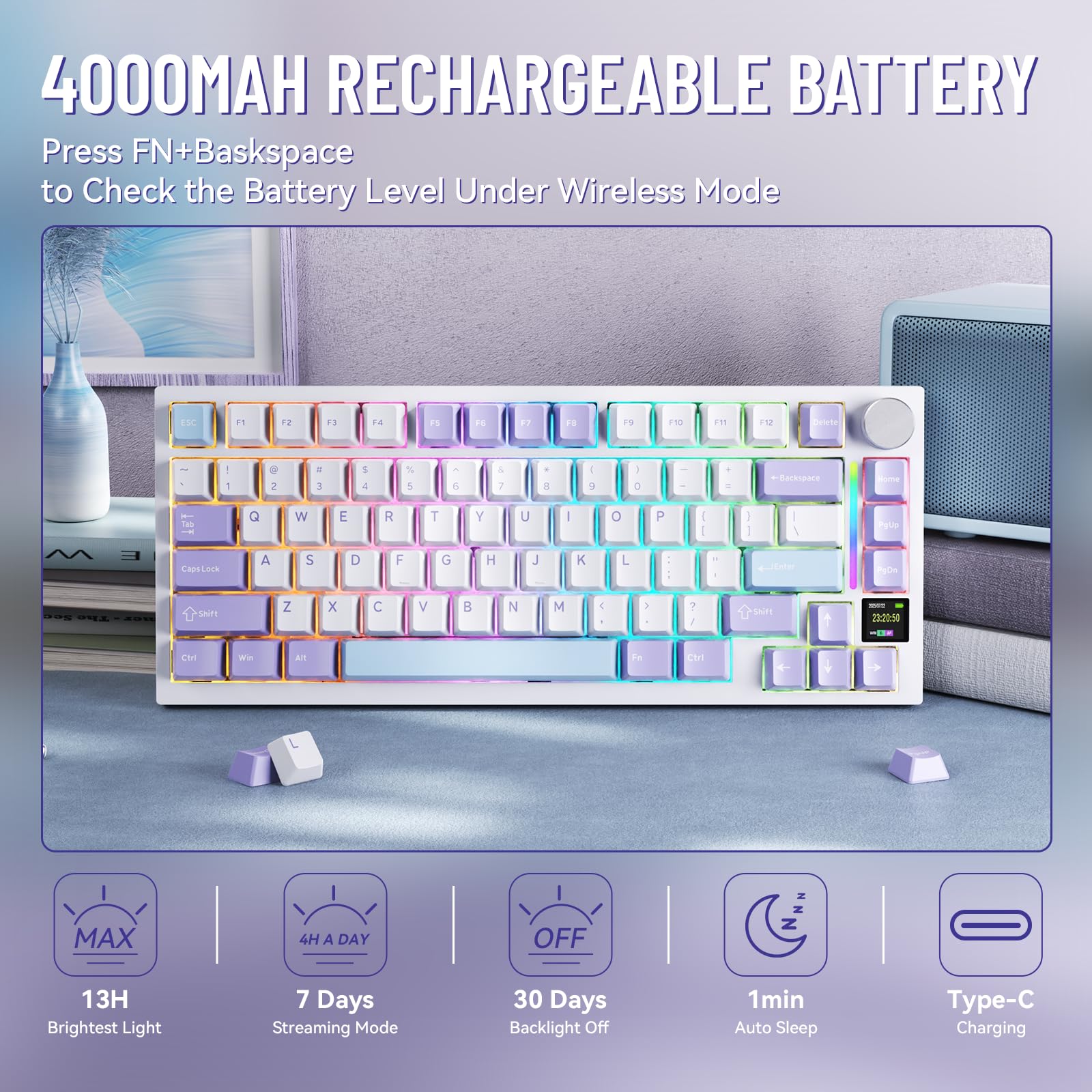MAMBASNAKE Attack Shark X820 Ultra Klawiatura Gamingowa Mechaniczna, Bezprzewodowa BT/2.4G/USB-C, QWERTY TKL 75% Gasket Hot Swap, Wyświetlaczem TFT, LIGHTSYNC RGB, Spiralny Kabel - Gift Switch/Purple