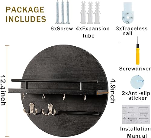 Miniatura 7 de dreampossible Soporte para llaves decorativo de pared con estante y ganchos, organizador de correo para montaje en pared, diseño circular, gancho