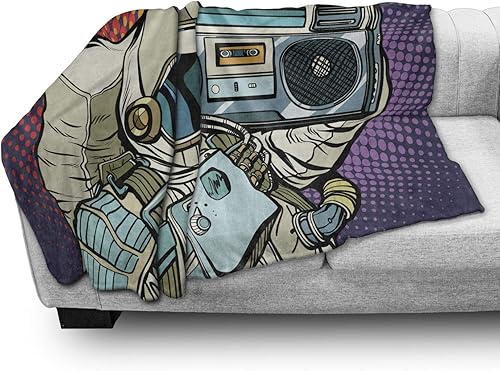 Miniatura 3 de Lunarable Manta de rapero, astronauta con un Boombox retro para escuchar música en el espacio, impresión de audio de tira de cómic, franela de forro