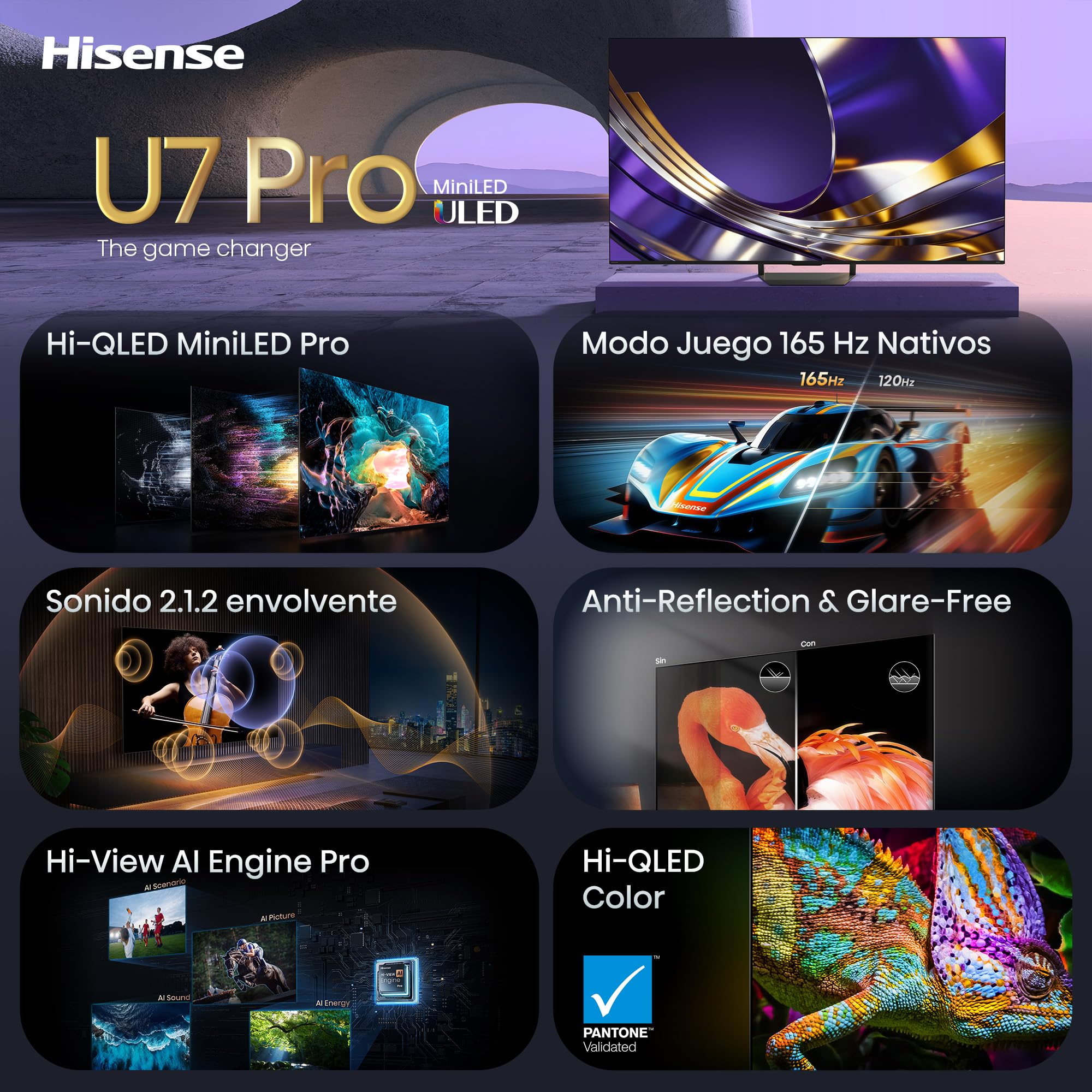 Hisense 65U7S Pro - MiniLED Pro Smart TV 65 Pulgadas, Hi-QLED MiniLED Pro, Modo Juego 165 Hz Nativos, Sonido Envolvente 2.1.2, Anti Reflection & Glare Free, IMAX Enhanced, Dolby Vision IQ, HDR 10+