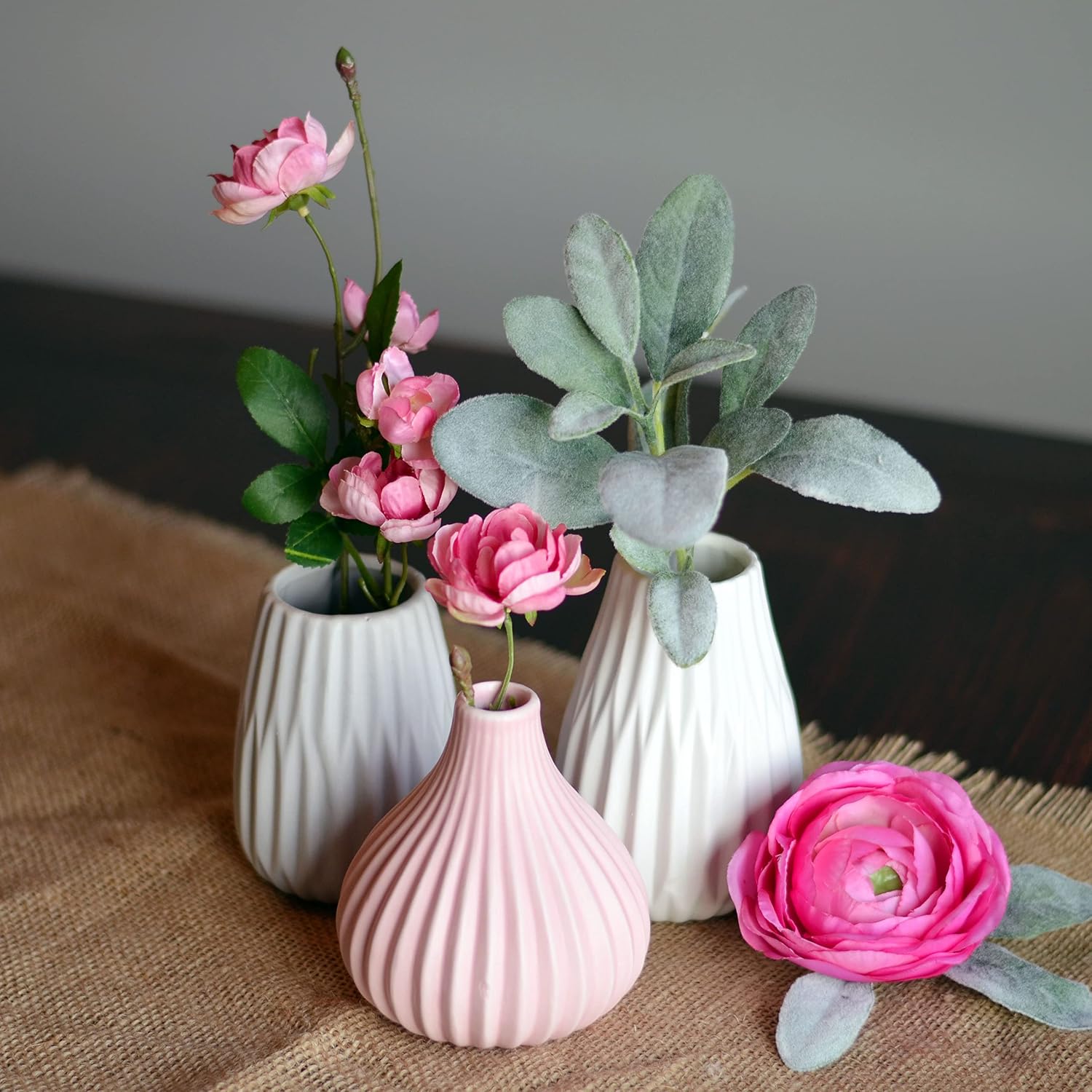 WHW Whole House Worlds Iconic Scandi Baby Vases, Set of 3, Fluted, Color Soaked Ballet Slipper Pink, Soft Grey and Dusty Rose, Matte Glaze, 4.25 Diameter x 4.25 Inches Tall, Modern Home Design
