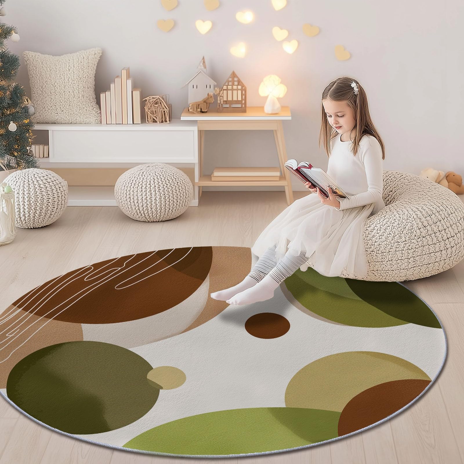 Weiß Runder Teppiche Wohnzimmer 100 cm, Waschbar & Rutschfester Weicher Kurzflor Teppich Schlafzimme, Minimalistisch Geometrisch Linie Kreis Teppich Rund für Kinderzimmer, Esszimmer, Büro