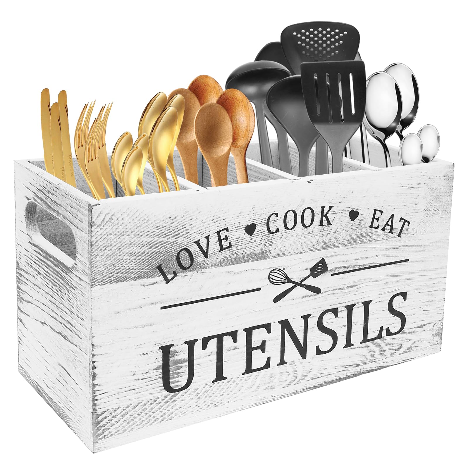 Portaposate con 3 scomparti, organizer per utensili in legno con vassoio, organizer per utensili da cucina rustico, per cucina di fattoria e piano di lavoro, in legno di acacia