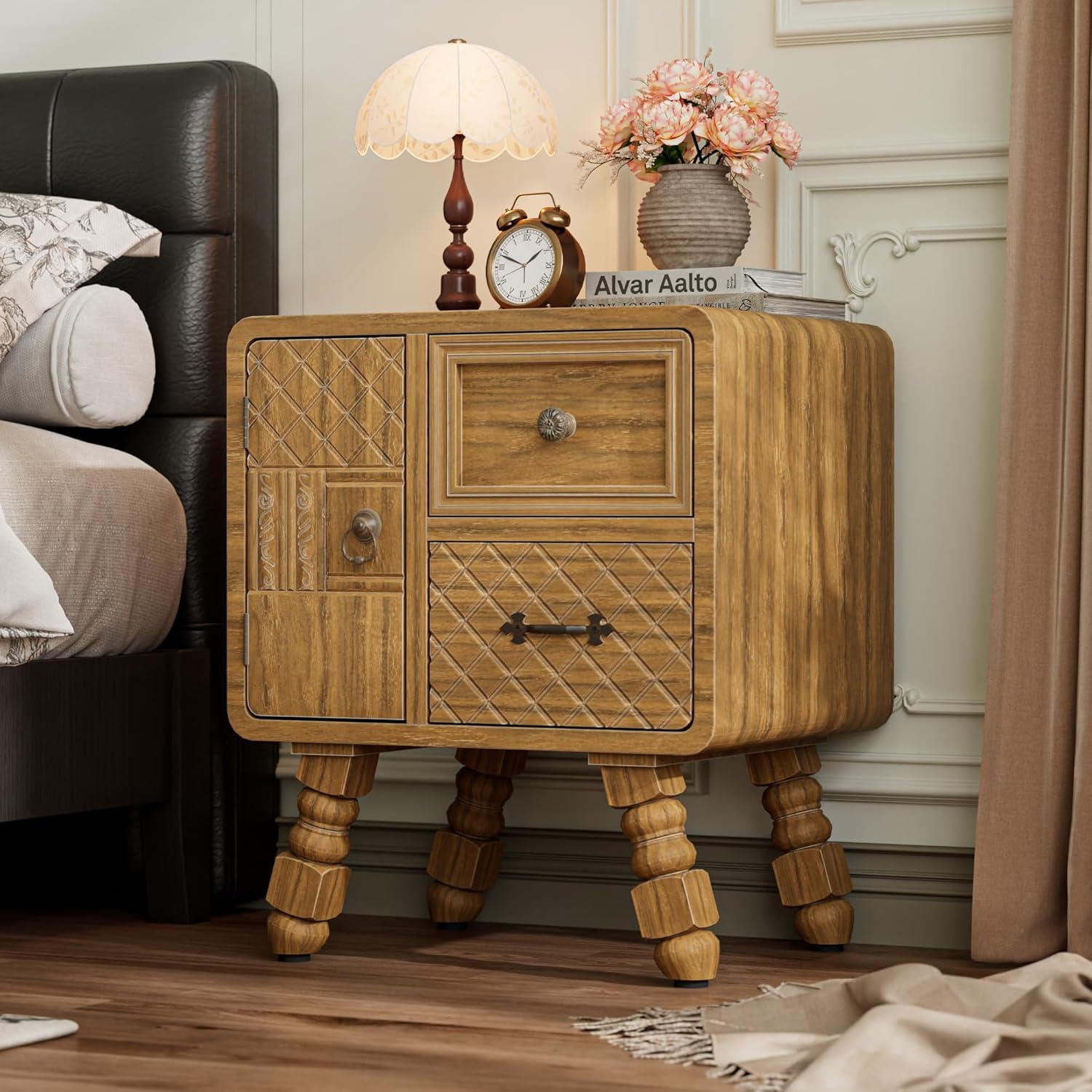 BREEZEHEAT Mid Century Modern Nightstand, Fully Assembled Vintage Wood Bedside Table with 2 Drawers, Solid Pine Wood Legs, Hand-Carved, Curved Table Top, End Table for Small Spaces, Bedroom