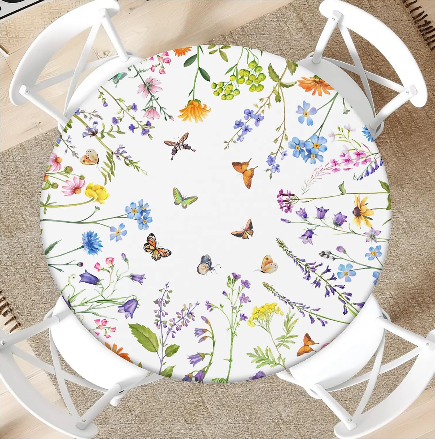 Round Tablecloth with Elastic Edge 60 Inch Waterproof Outdoor Fitted Table Cover for Dining, Kitchen, Party –Floral Butterflies Decorative Patterned Table Protector